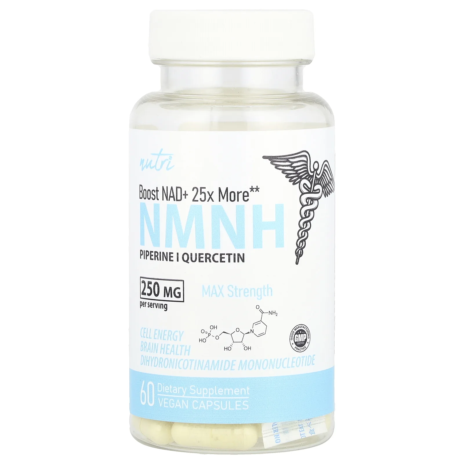 Nutri, NMNH, максимальная эффективность, 250 мг, 60 веганских капсул (125 мг на капсулу)