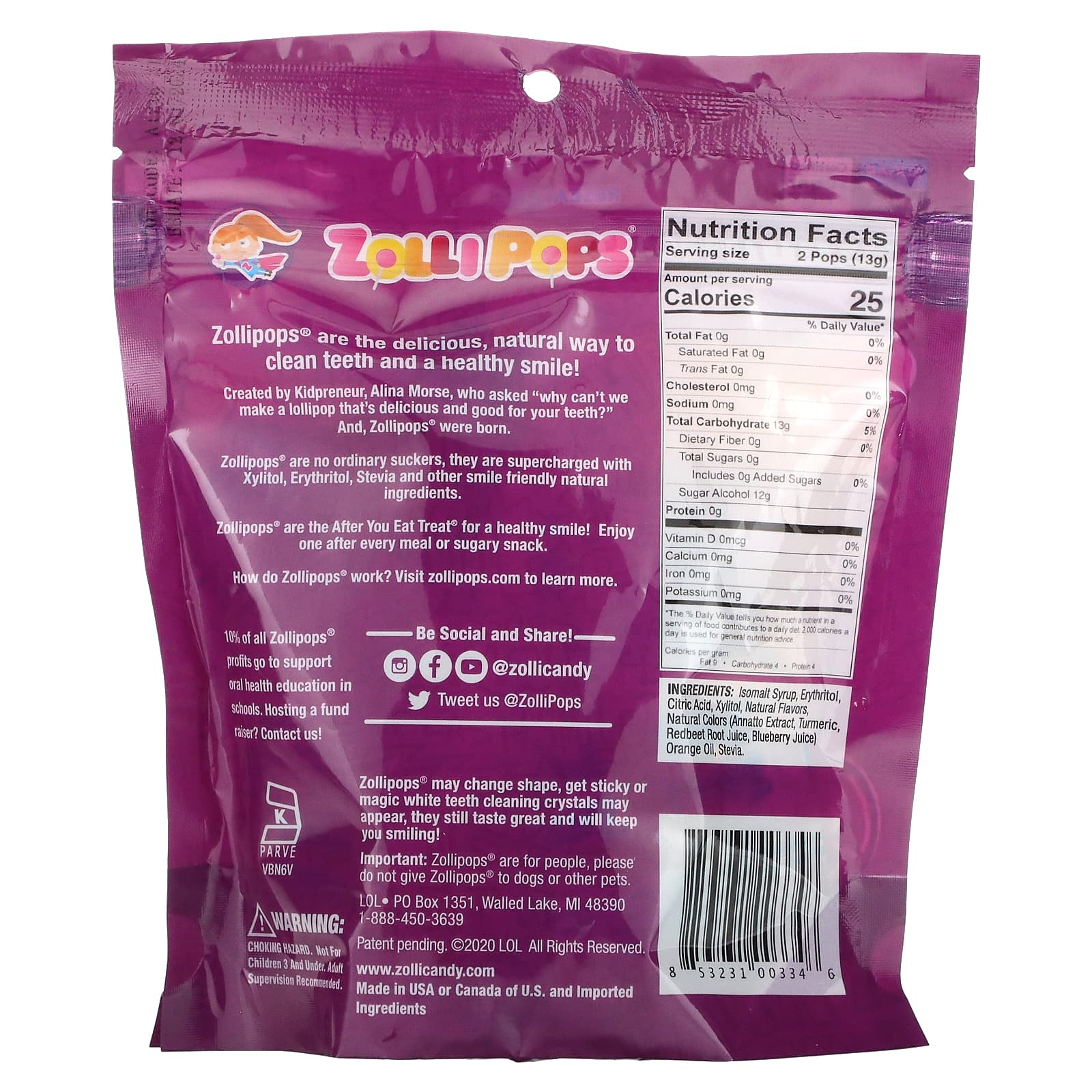 Zollipops, Леденцы для чистых зубов, виноград, 15 леденцов ZolliPops, 3,1 унции