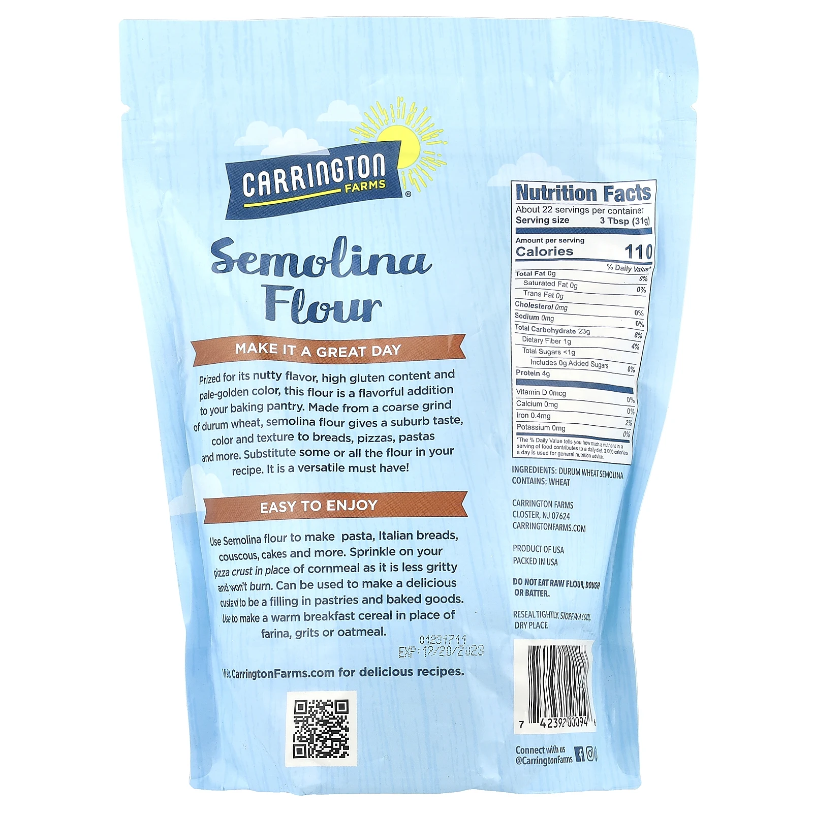 Carrington Farms, Манная крупа, из твердых сортов пшеницы, 24 унции