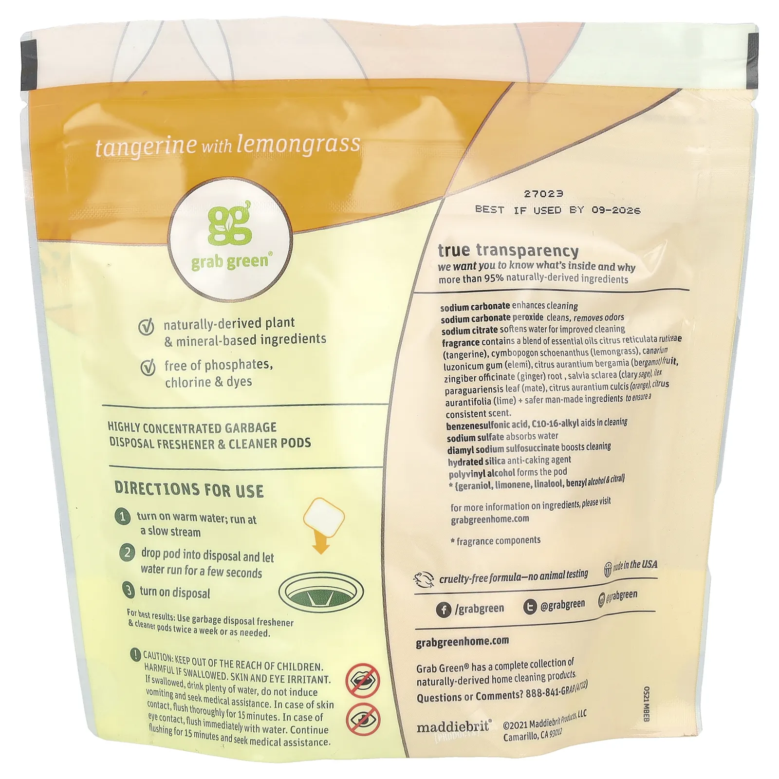 Grab Green, освежитель и очиститель для измельчителя пищевых отходов, мандарин и лемонграсс, 12 капсул, 168 г (5,9 унции)