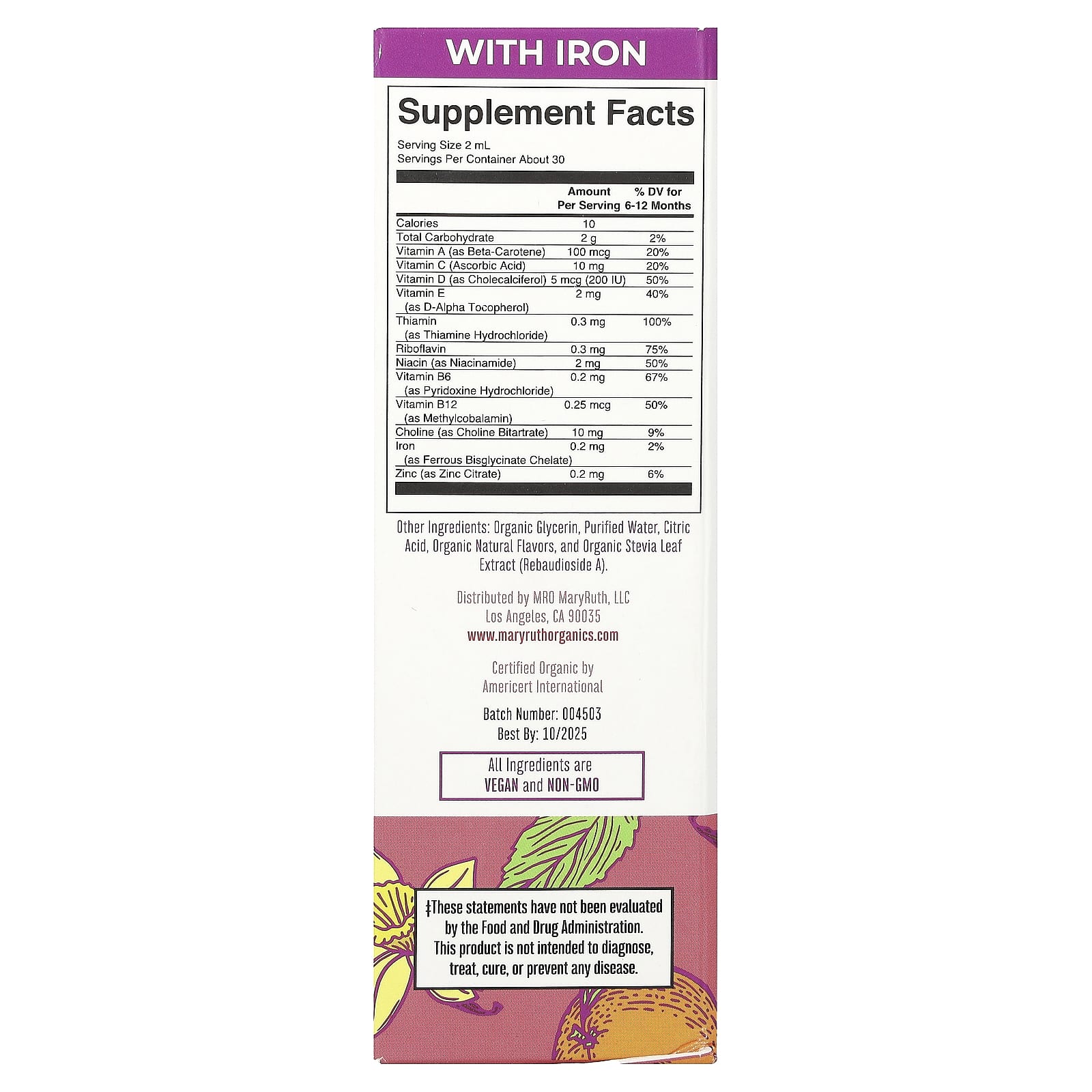 MaryRuth's, органические мультивитамины в жидкой форме для младенцев, для детей 6–12 месяцев, со вкусом апельсина и ванили, 60 мл (2 жидк. унции)