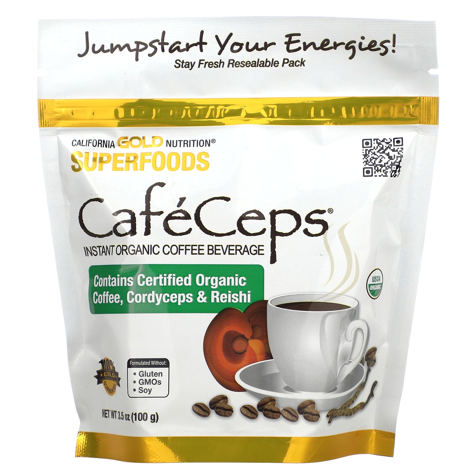 California Gold Nutrition, CafeCeps, сертифицированный органический растворимый кофе с порошком из грибов кордицепс и рейши, 100 г (3,5 унции)