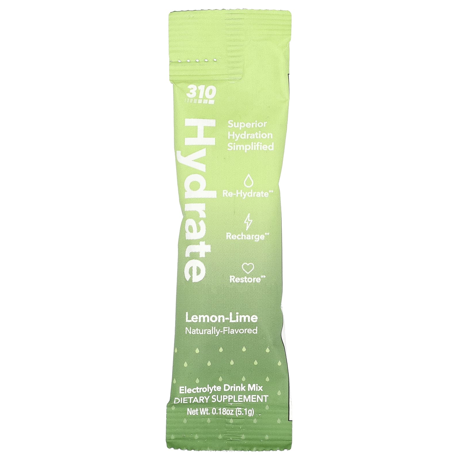 310 Nutrition, Hydrate, Electrolyte Drink Mix, Lemon-Lime , 30 Sticks, 0.18 oz (5.1 g) Each