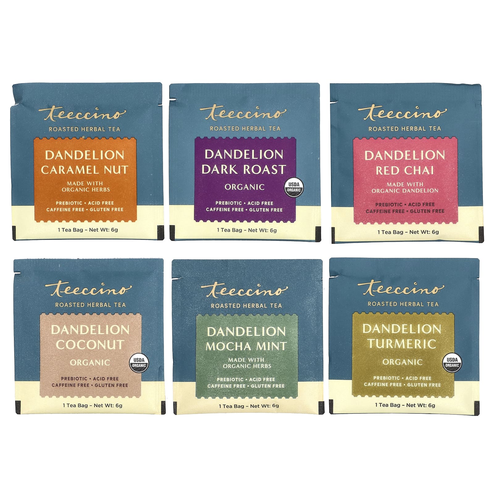 Teeccino, Пробник травяного чая с одуванчиком, 6 вкусов, без кофеина, 12 чайных пакетиков, 72 г (2,54 унции)