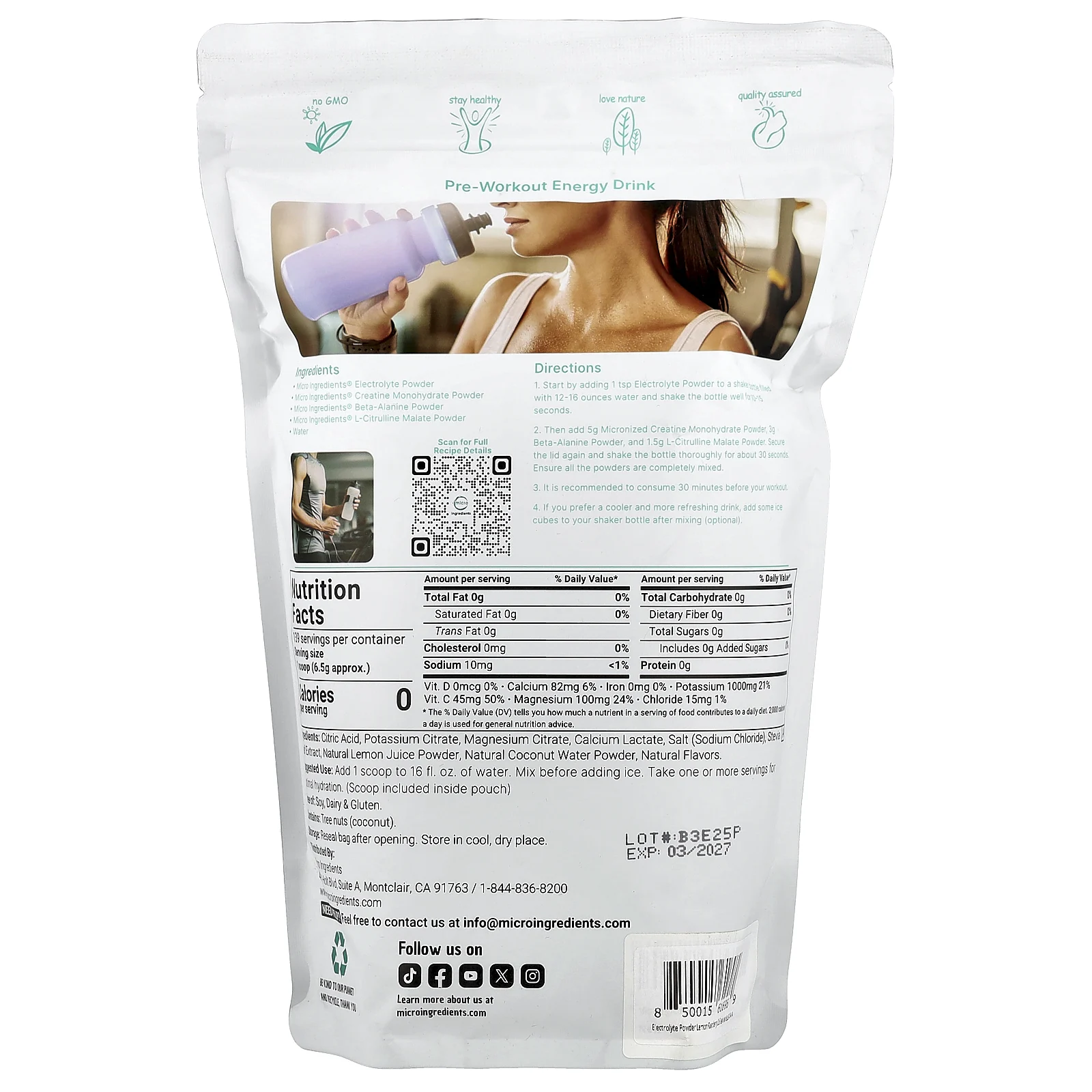 Micro Ingredients, Порошок электролита, лимон и малина, 907 г (2 фунта)