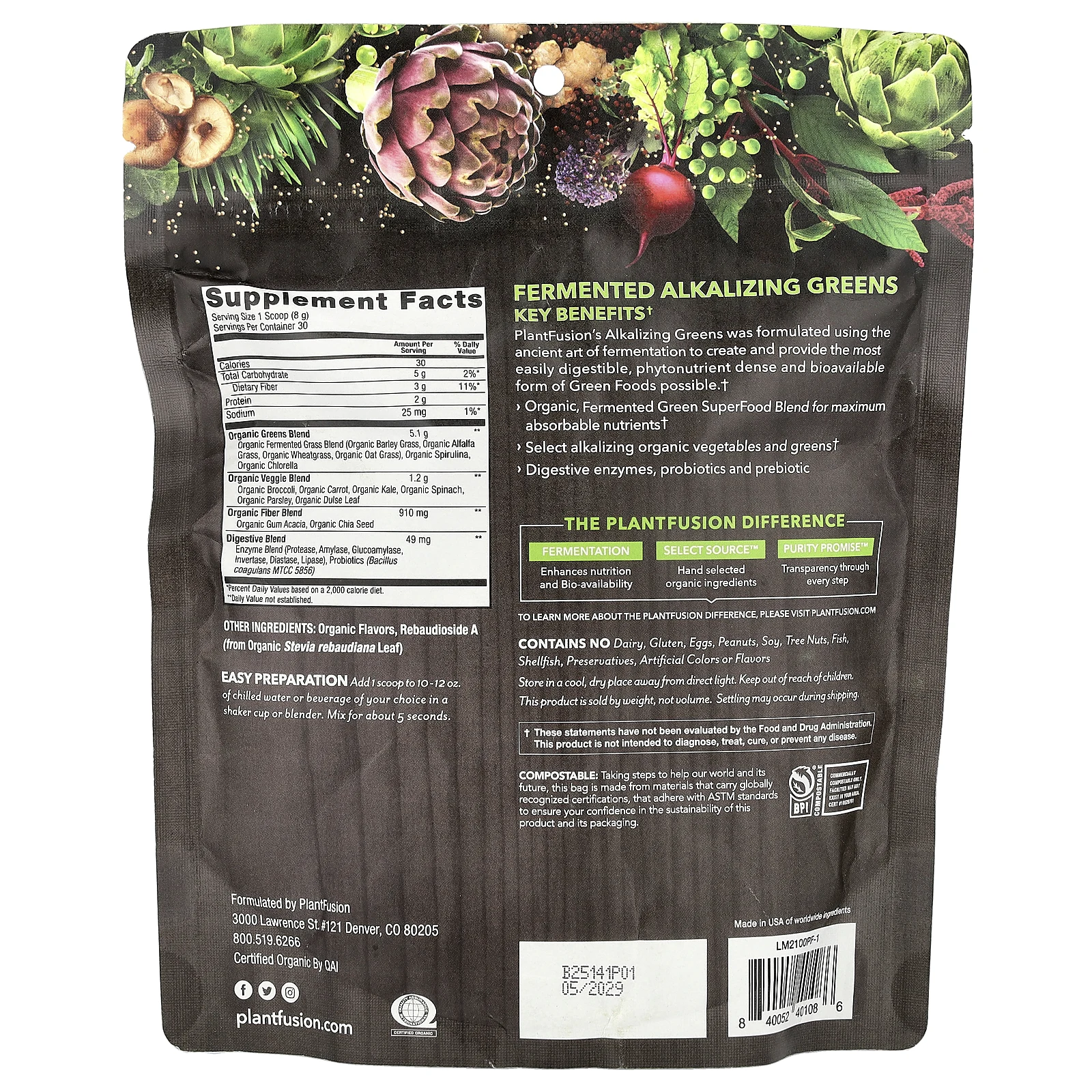 PlantFusion, органическая и ферментированная подщелачивающая зелень, 240 г (8,46 унции)