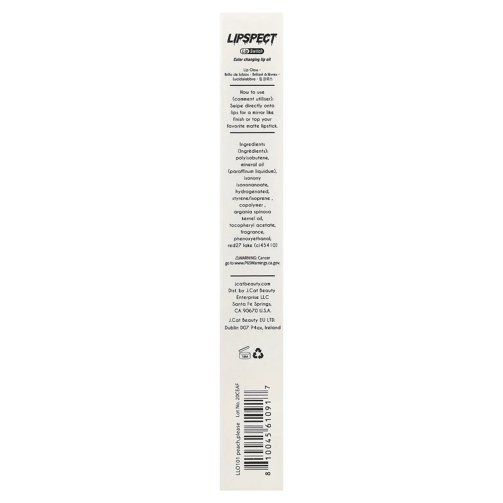 J.Cat Beauty, Lipspect, масло для губ, меняющее цвет, LLO 101 персик, 3 мл (0,1 жидк. унции)