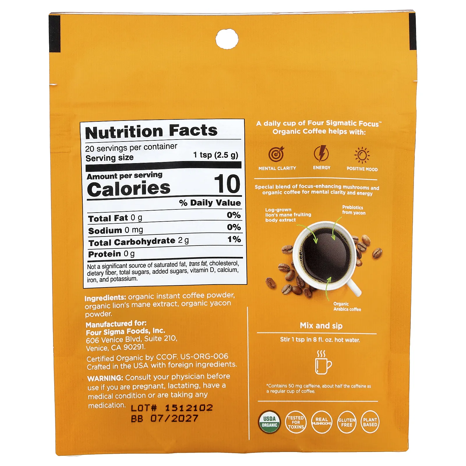 Four Sigmatic, Focus, органический растворимый кофе с грибом ежовиком гребенчатым и яконом, средняя обжарка, 50 г (1,76 унции)