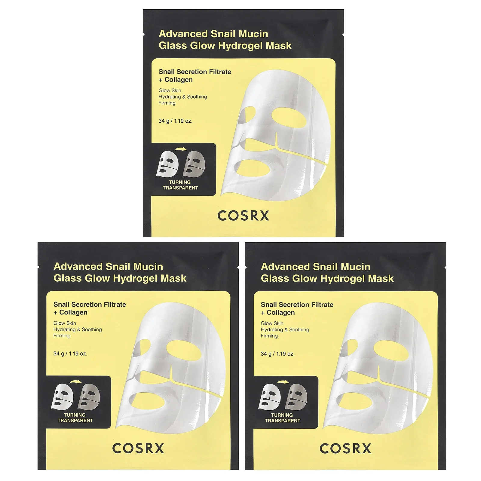 CosRx, Advanced Snail Mucin Glass Glow Hydrogel Beauty Mask, 3 шт., 34 г (1,19 унции)