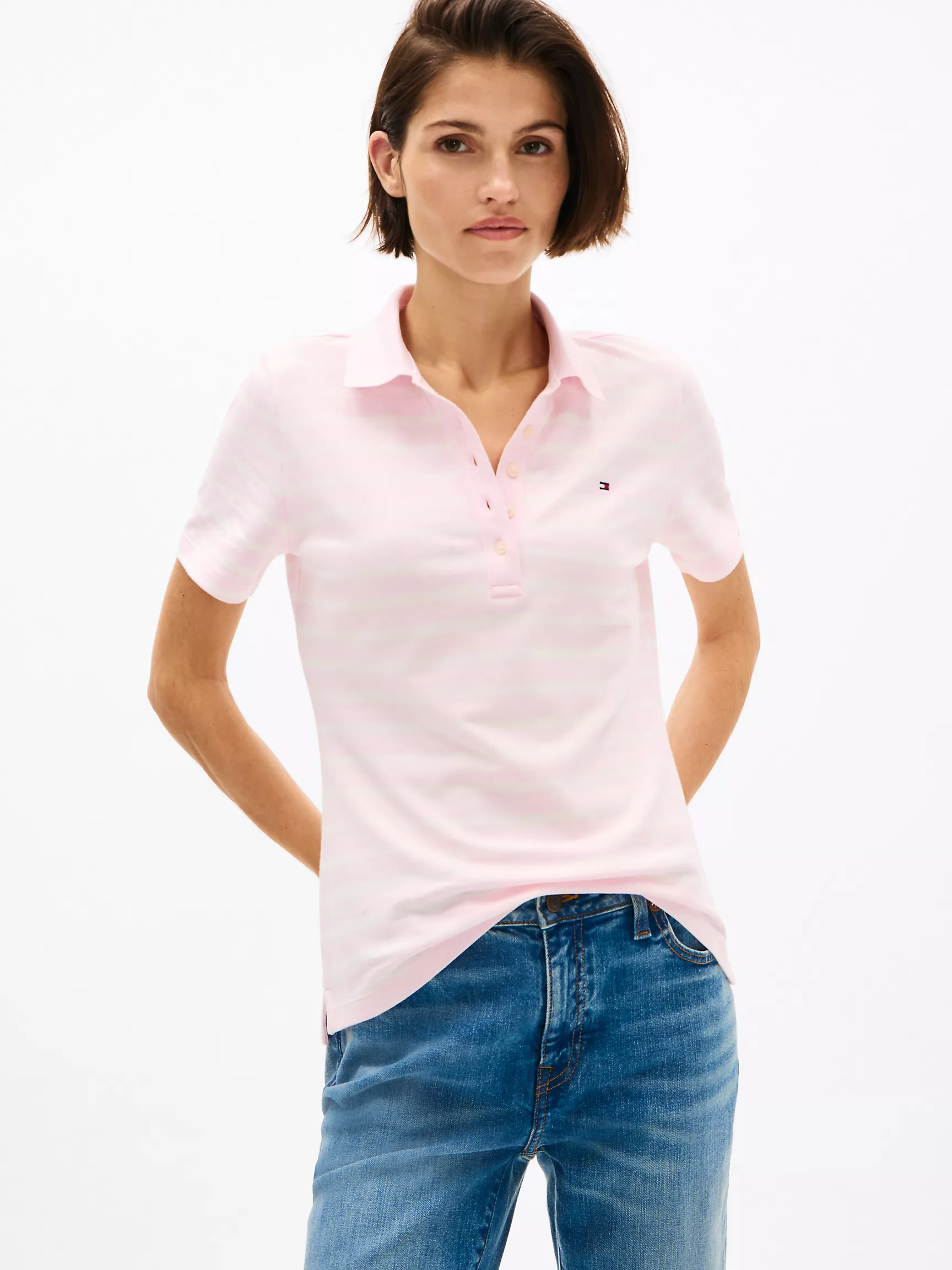 Женское поло Tommy Hilfiger, Приталенное полосатое эластичное хлопковое поло