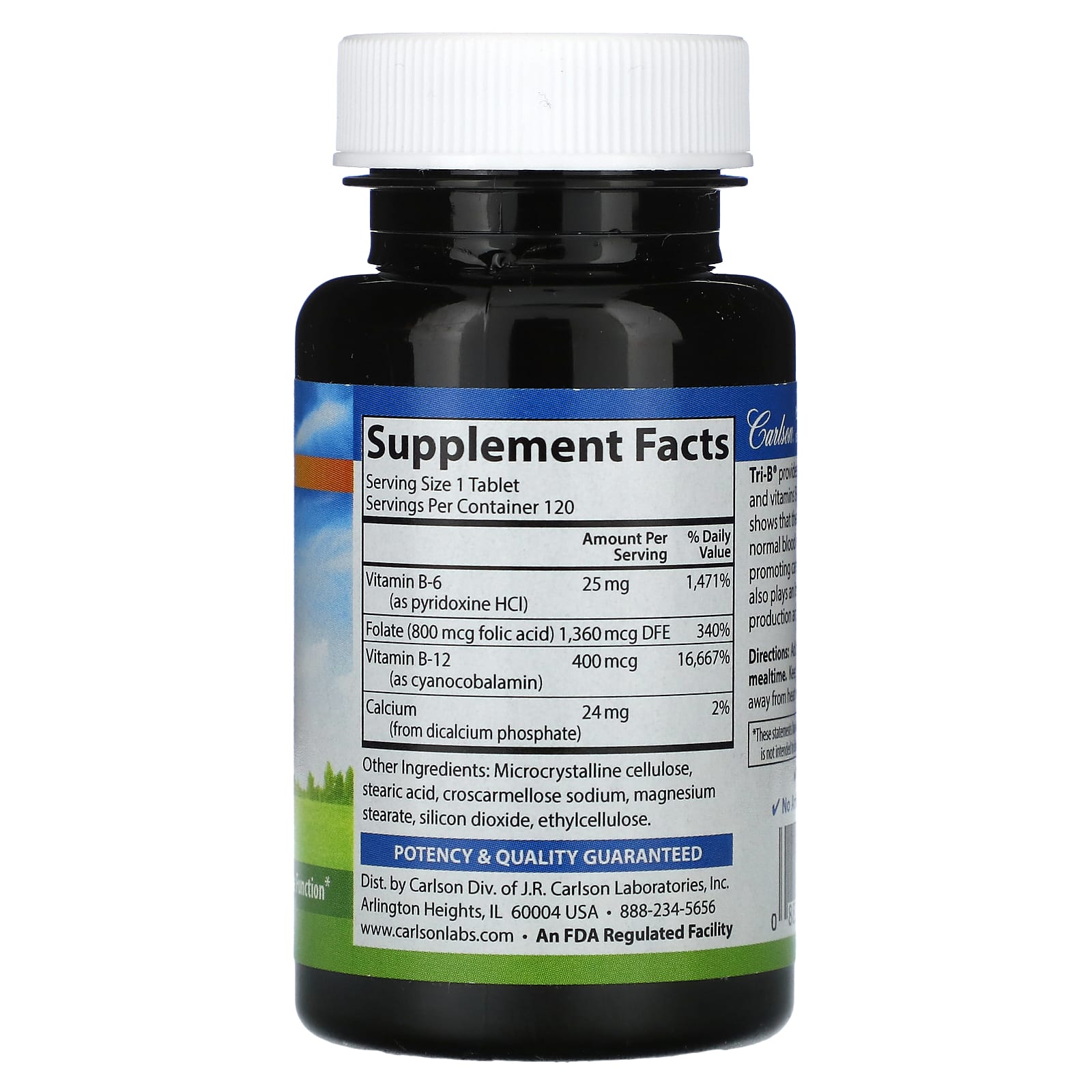 Carlson, Tri-B с витаминами B6, B12 и фолиевой кислотой, 120 таблеток
