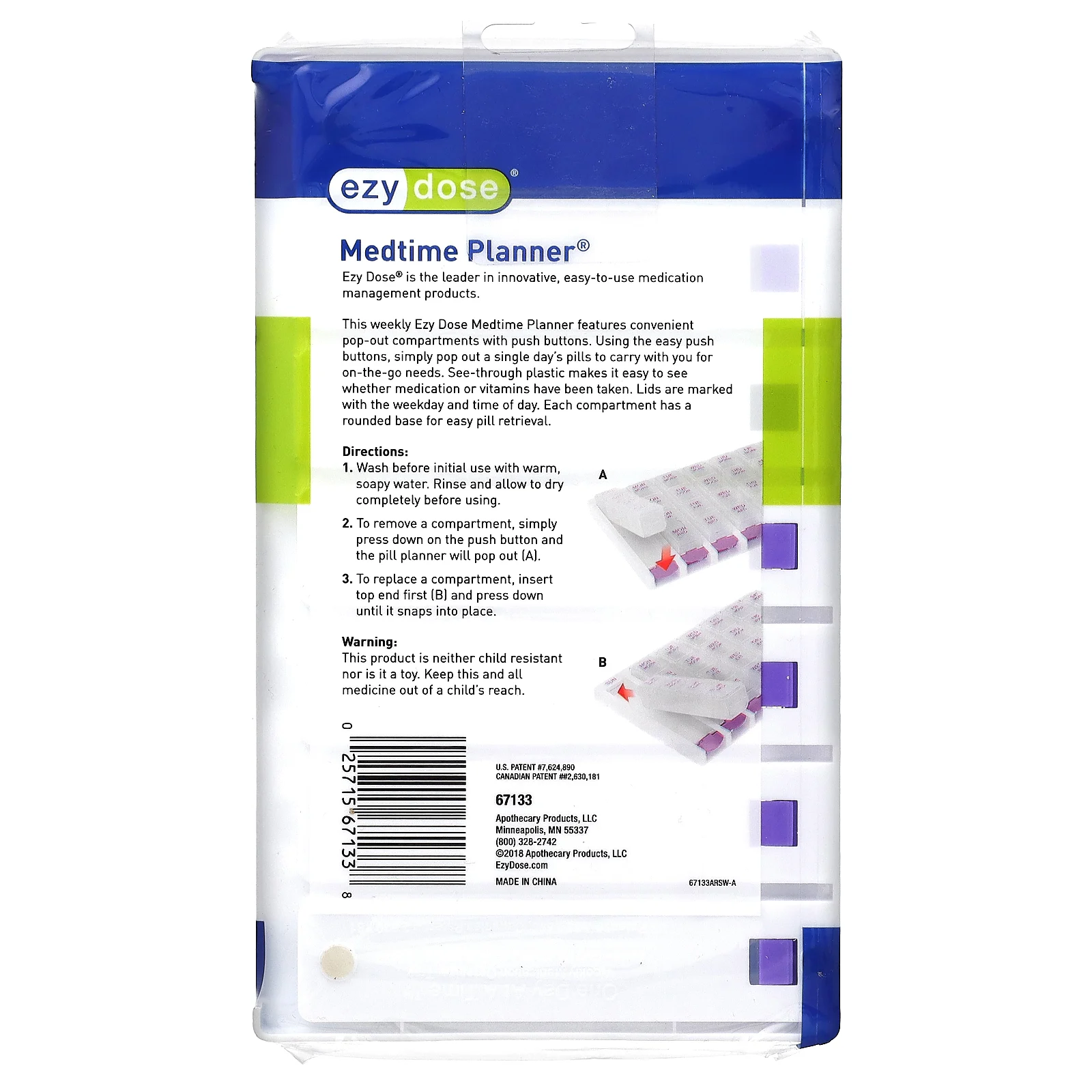 Ezy Dose, 4 раза в день еженедельно со всплывающими кнопками Medtime Planner, фиолетовый, 1 шт.