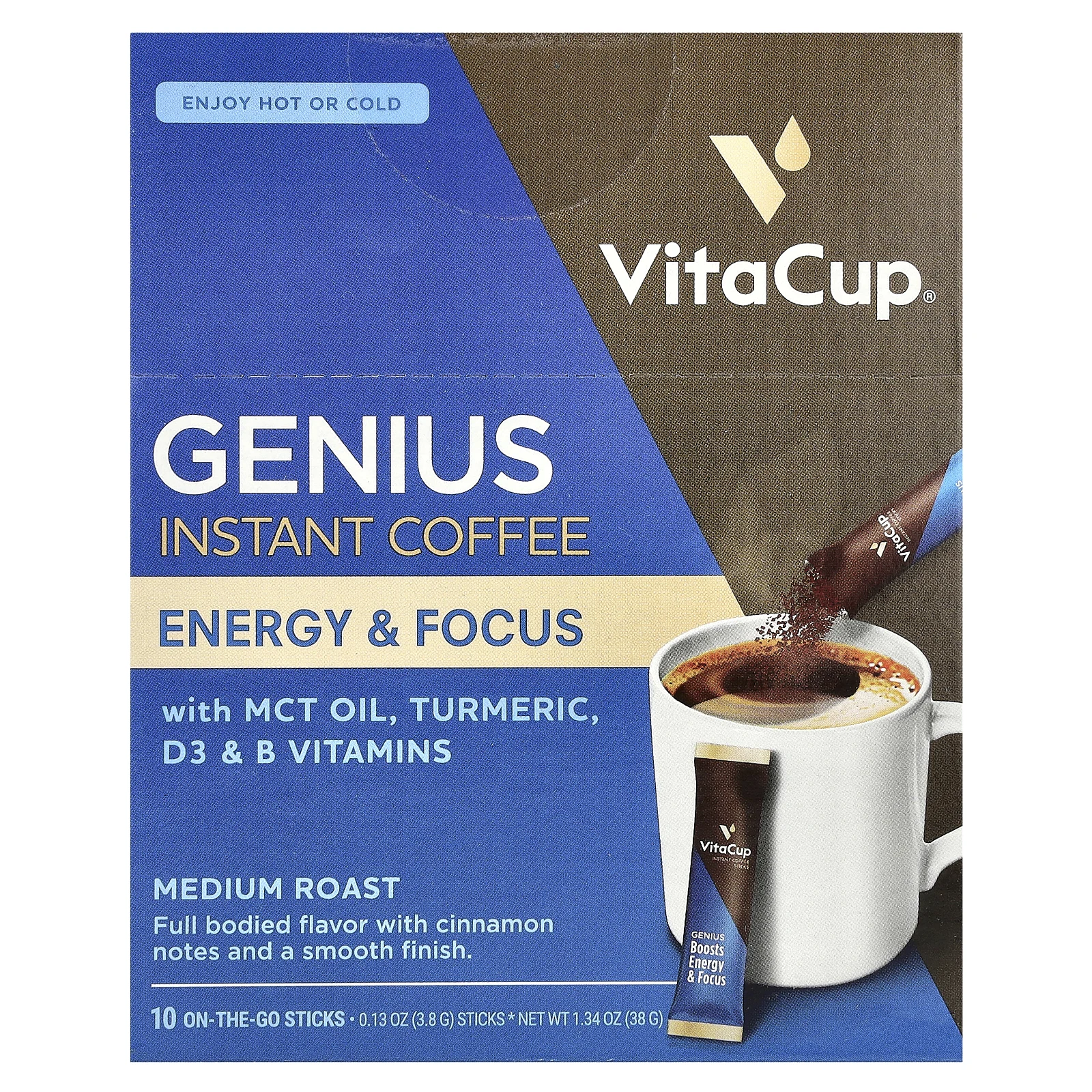 VitaCup, Растворимый кофе Genius, средней темной обжарки, 10 упаковок для еды, по 3,8 г (0,13 унции) каждая
