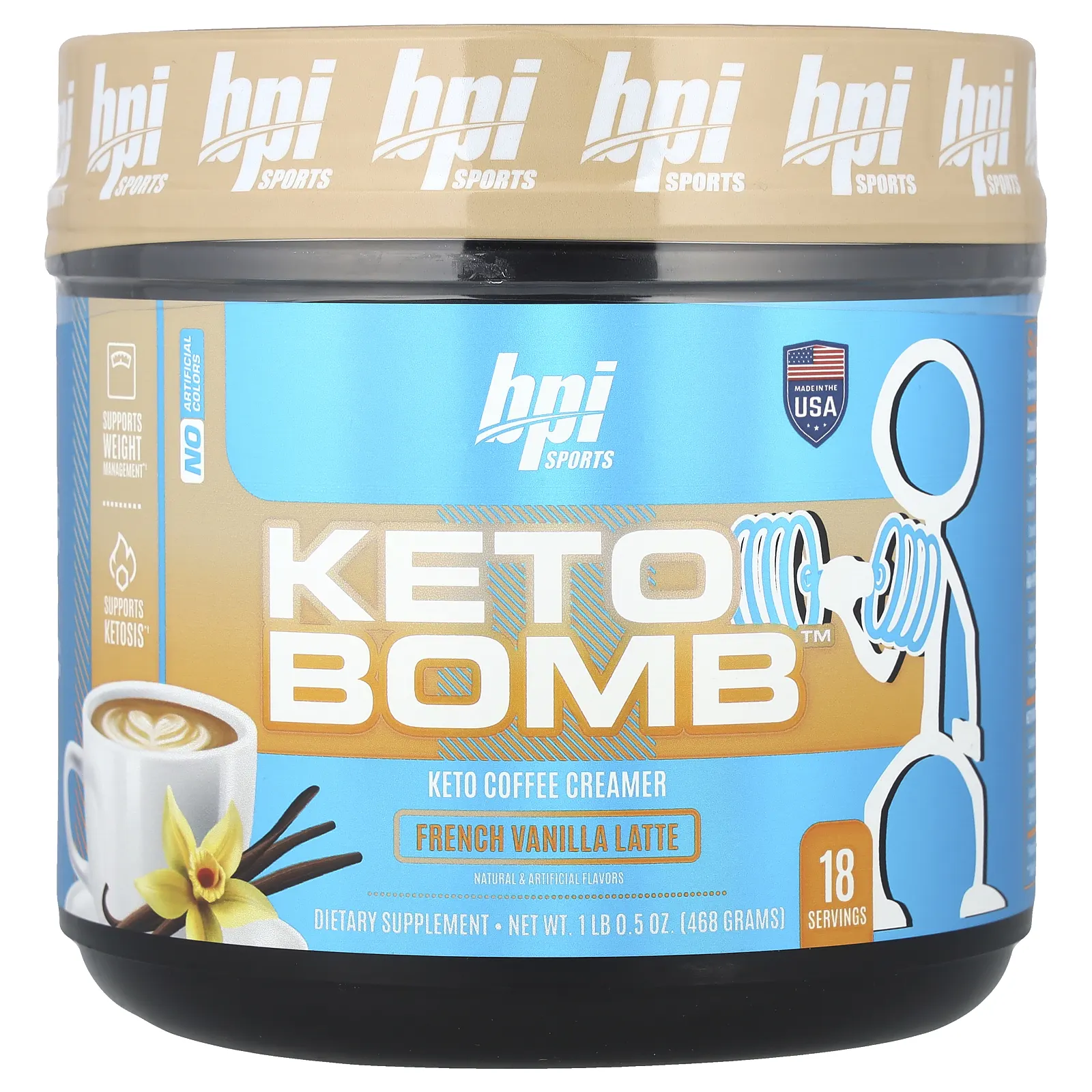 BPI Sports, Keto Bomb, кетогенные сливки для кофе, латте с французской ванилью, 468 г (1 фунт 0,5 унции)