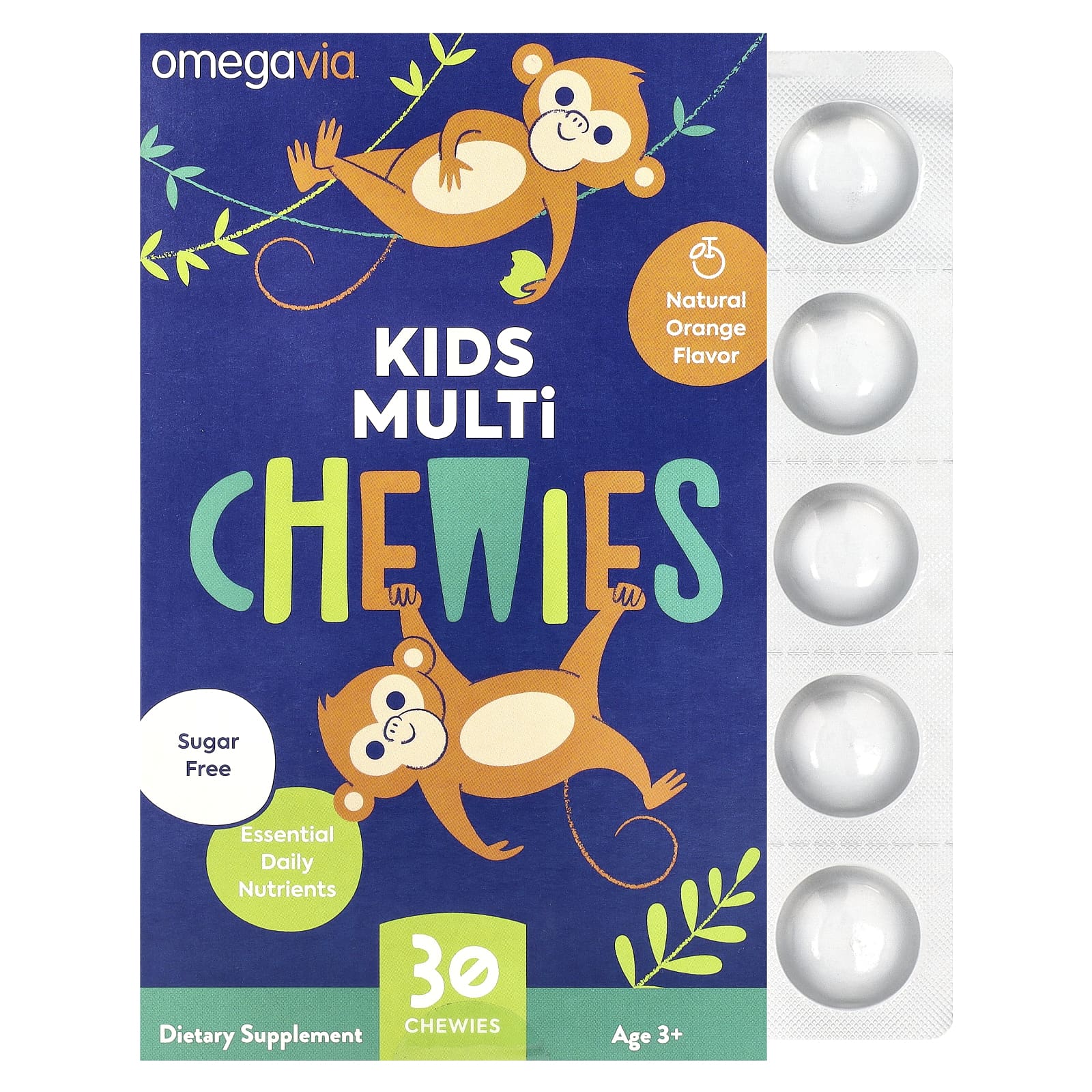 OmegaVia, Мультивитамины для детей, от 3 лет, натуральный апельсин, 30 жевательных таблеток