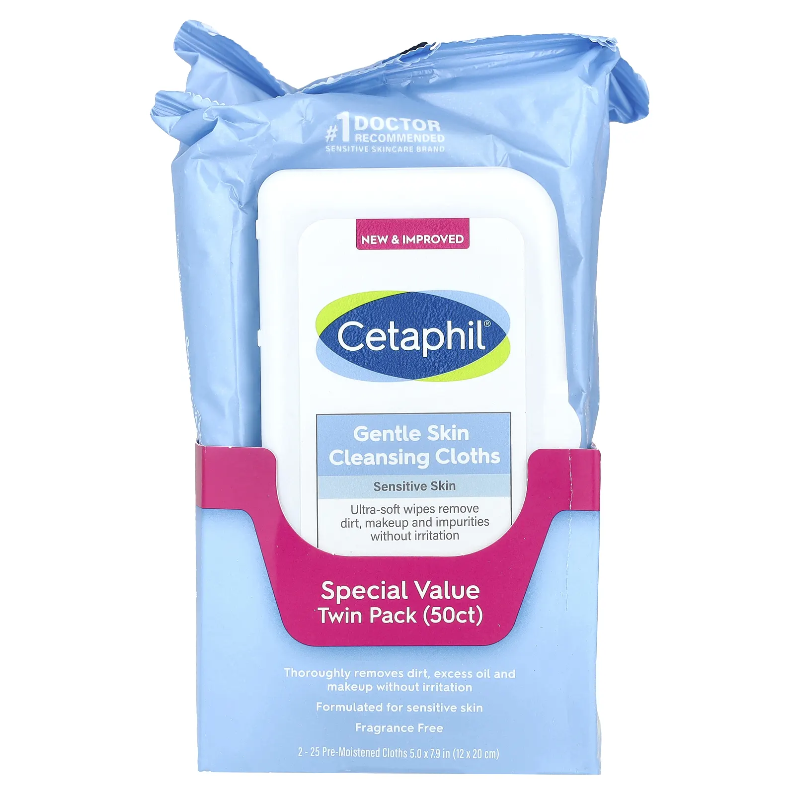 Cetaphil, Деликатные салфетки для очищения кожи, без отдушек, 2 упаковки, по 25 предварительно увлажненных салфеток