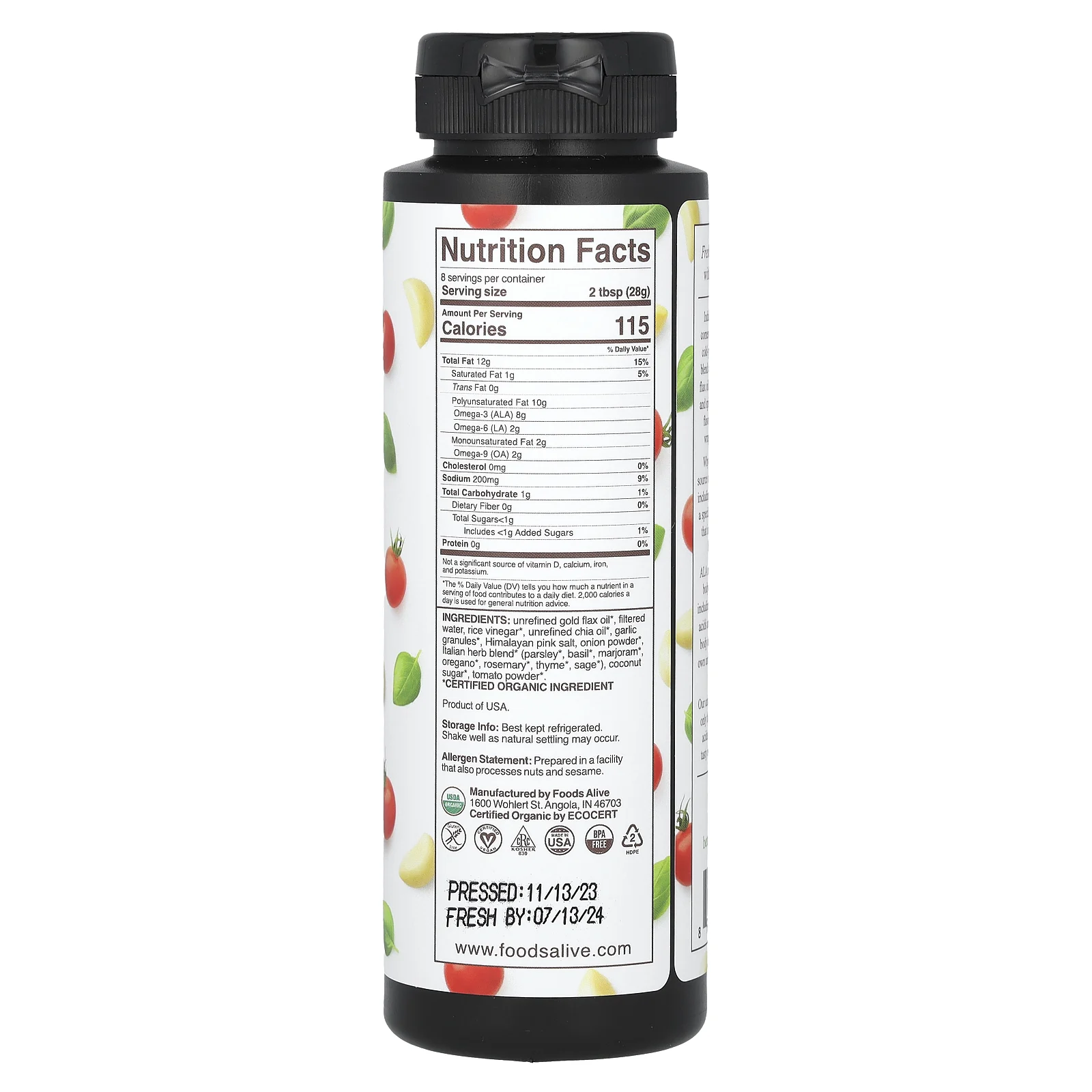 Foods Alive, органическая заправка для салата с льняным маслом, пикантная итальянская, 236 мл (8 жидк. унций)