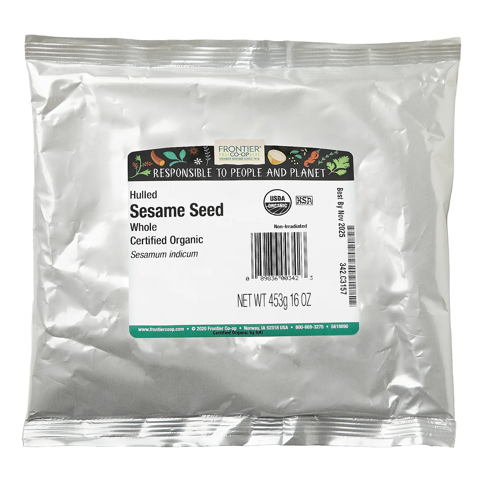 Frontier Co-op, органические цельные вылущенные семена кунжута, 453 г (16 унций)