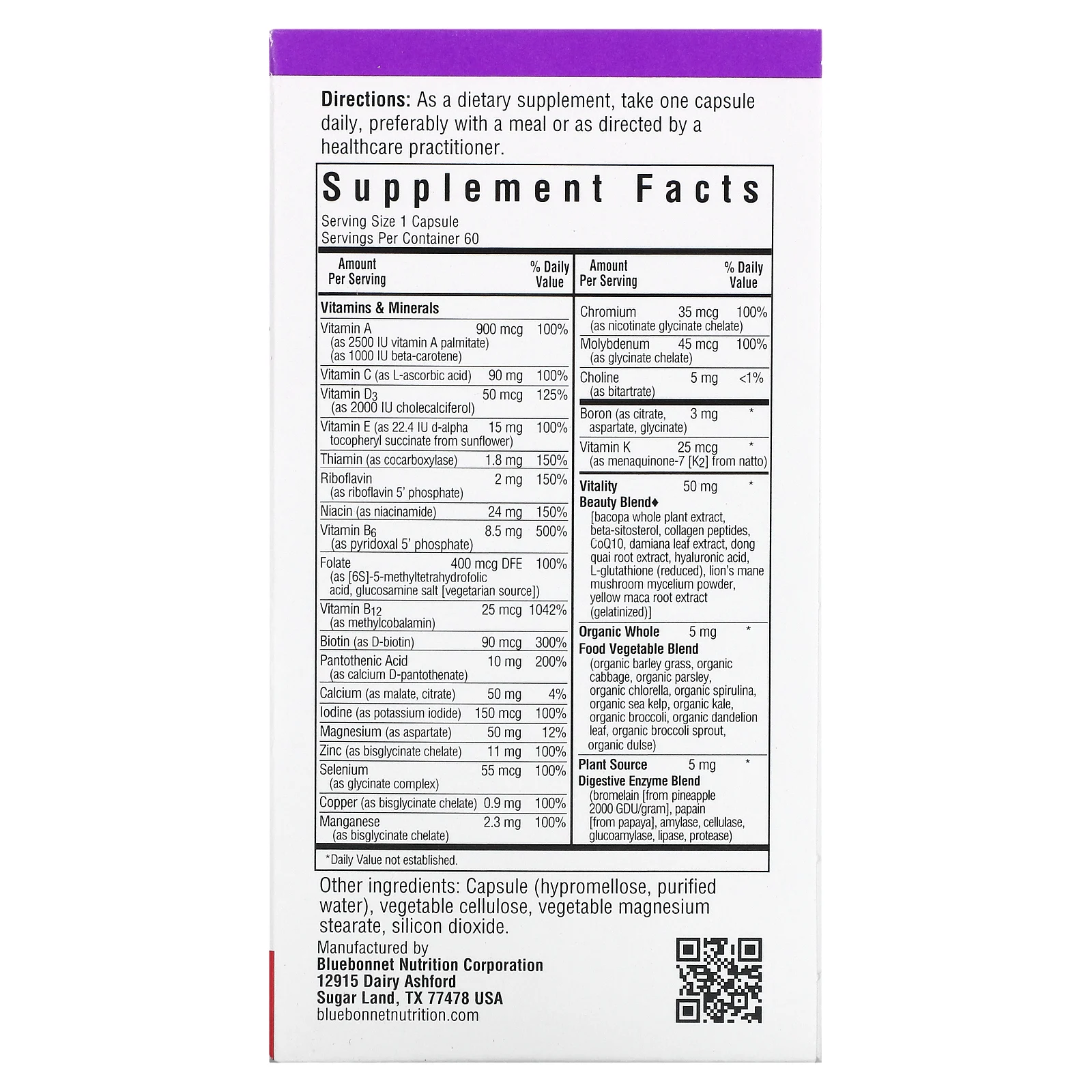 Bluebonnet Nutrition, Ladies' ONE, мультивитаминная добавка на основе цельных продуктов, для женщин старше 40 лет, 60 растительных капсул