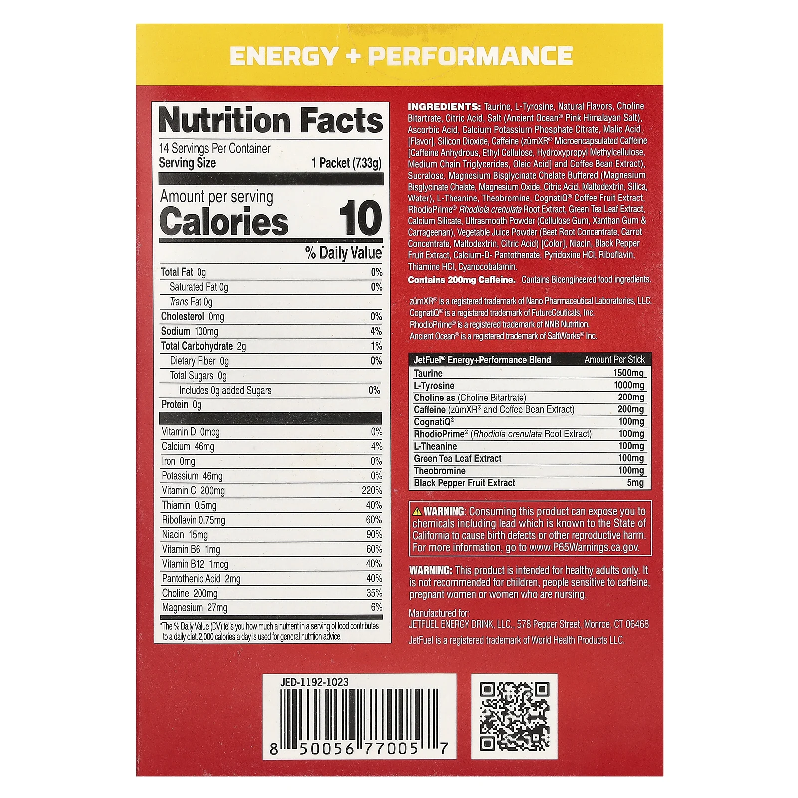 GAT, JetFuel® Energy + Performance, энергетические стики, клубничный лимонад, 14 пакетиков по 7,33 г (0,26 унции)