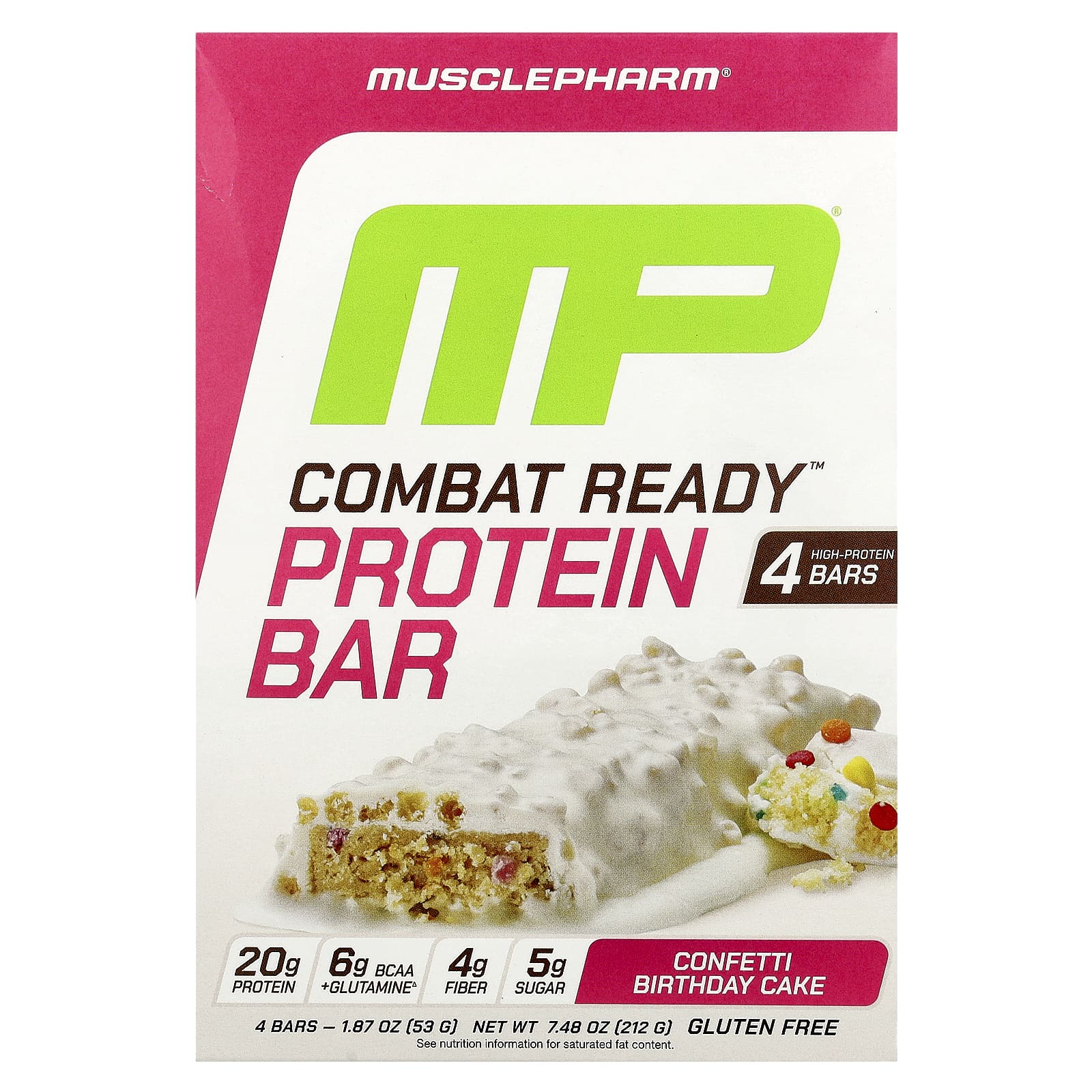 MusclePharm, Протеиновый батончик Combat Ready ™, праздничный торт с конфетти, 4 батончика по 53 г (1,87 унции)