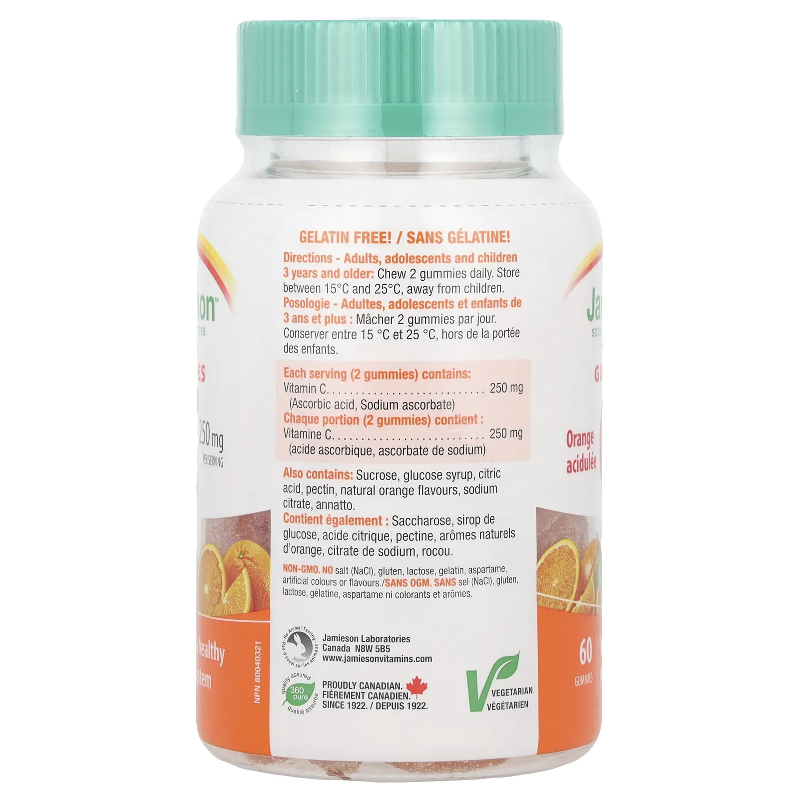 Jamieson Vitamins, Жевательные мармеладки с витамином C, насыщенный апельсин, 250 мг, 60 жевательных таблеток (125 мг в 1 жевательной мармеладке)