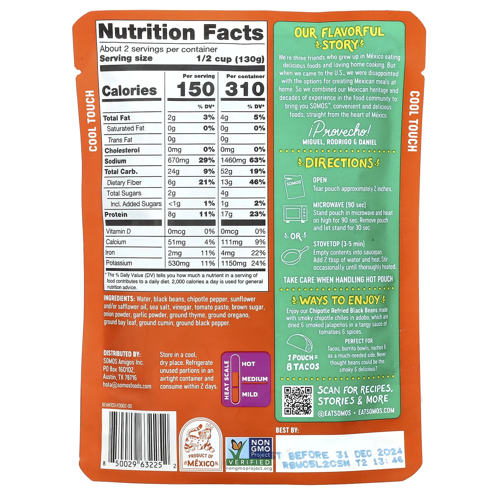 Somos, Жареная черная фасоль с чипотле, средняя, 283 г (10 унций)