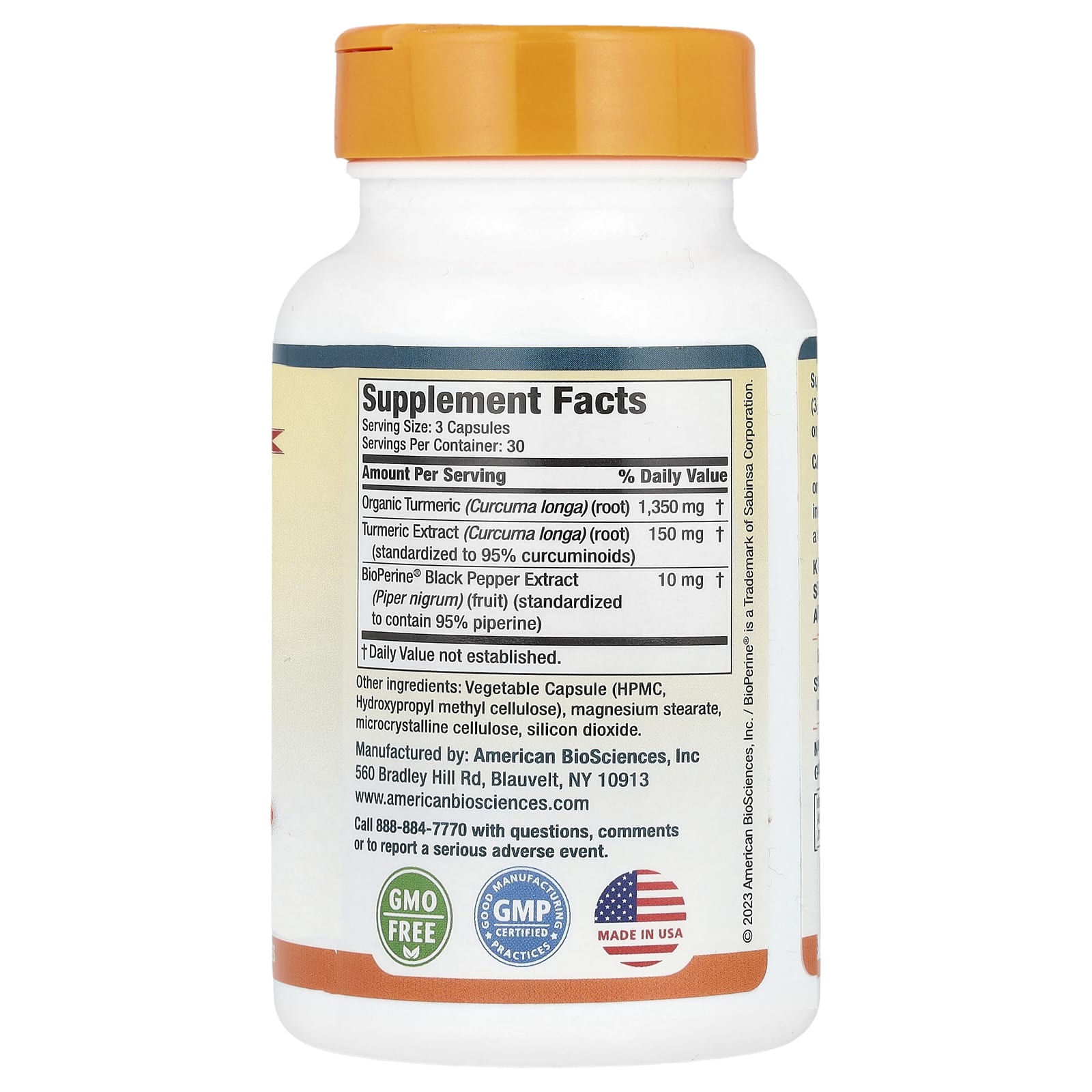 American Biosciences, USA Premium Turmeric Curcumin, 1,500 mg, 90 Vegetarian Capsules (500 mg per Capsule)