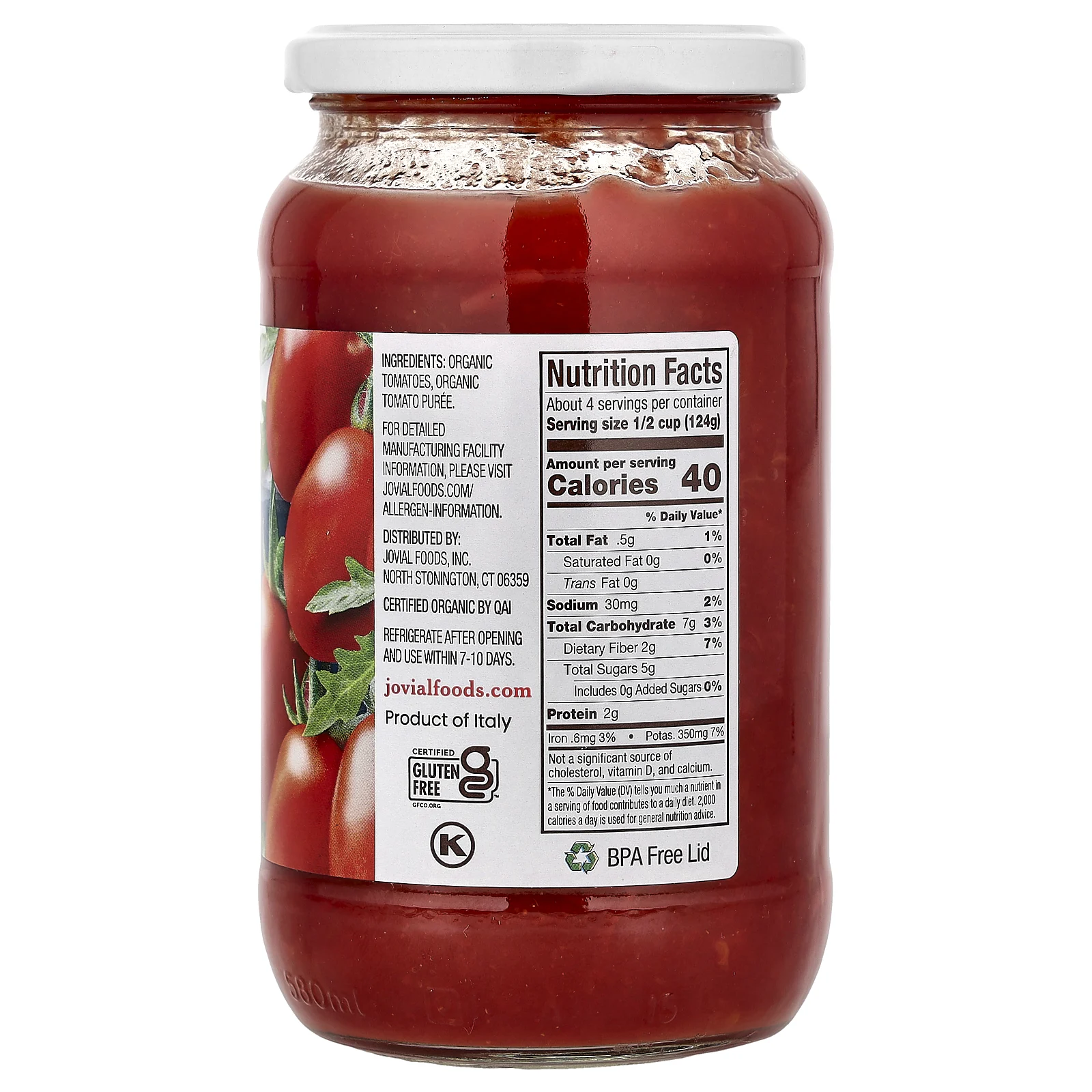 Jovial, органические нарезанные томаты, 520 г (18,3 унции)