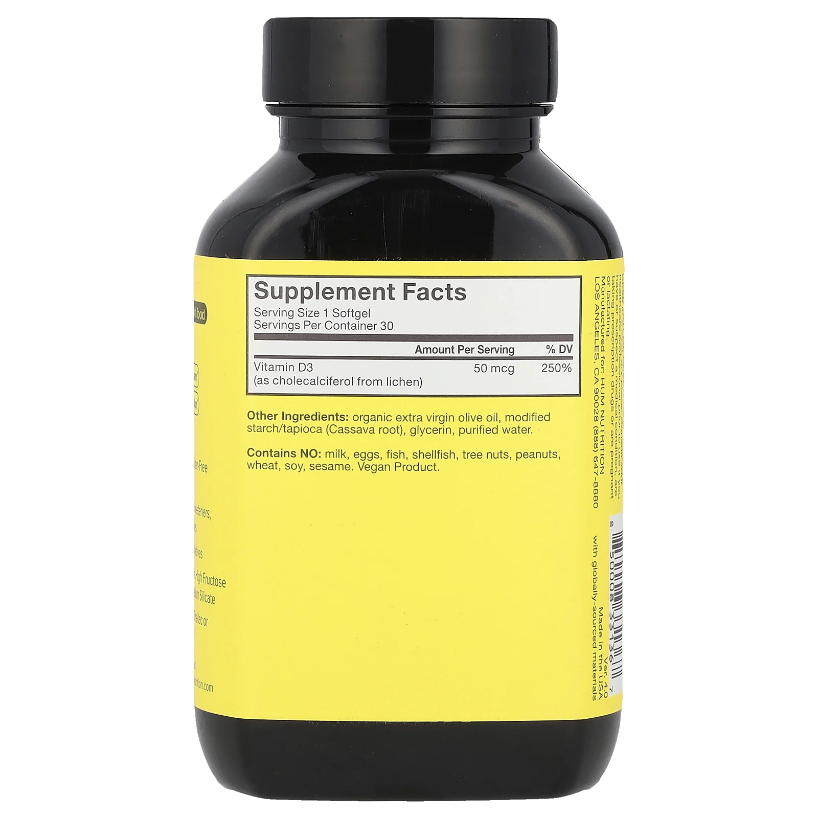 HUM Nutrition, Here Comes The Sun®, высокоэффективный витамин D3, 50 мкг, 30 веганских мягких таблеток