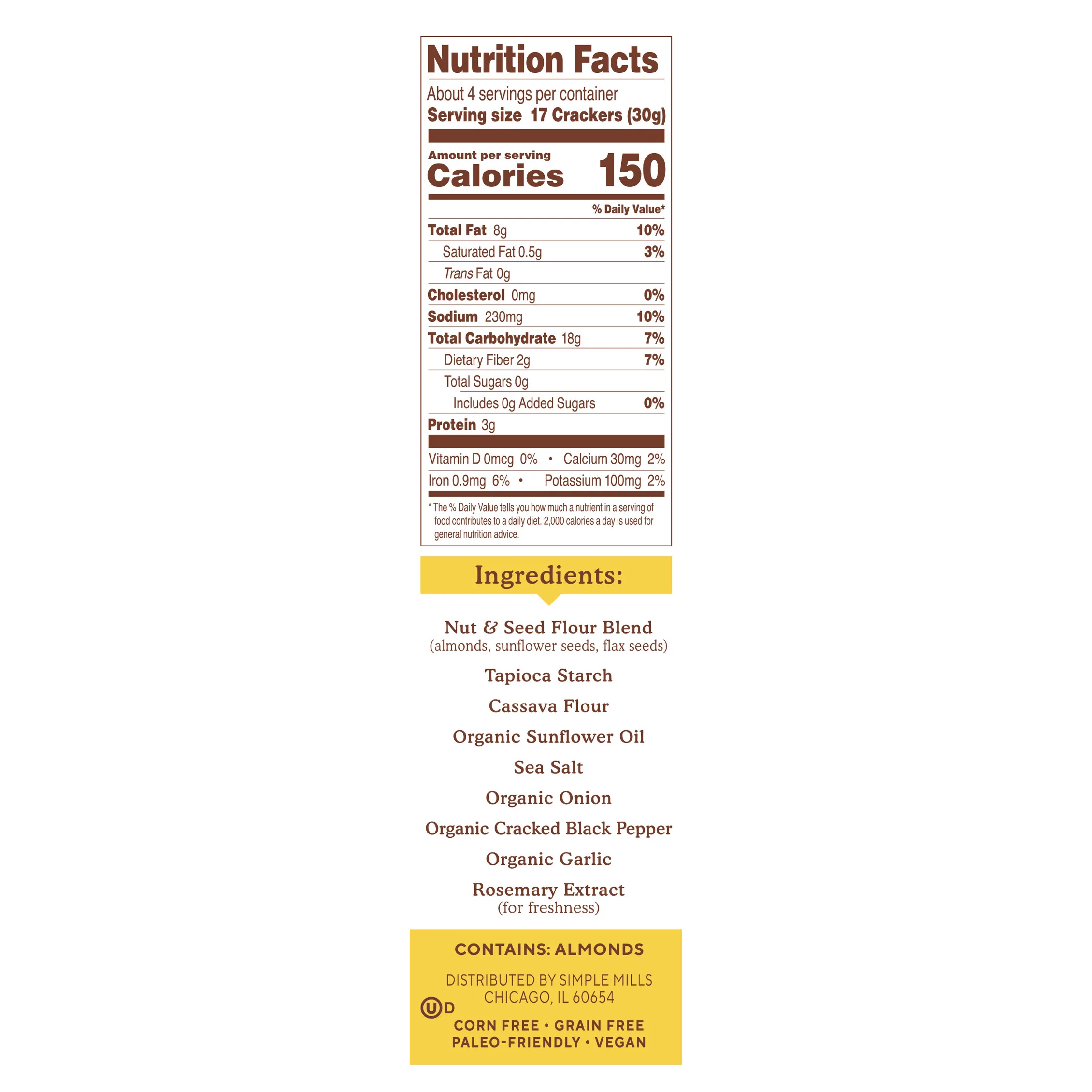 Simple Mills, Натуральные крекеры из миндальной муки без глютена, с молотым черным перцем, 120 г (4,25 унции)