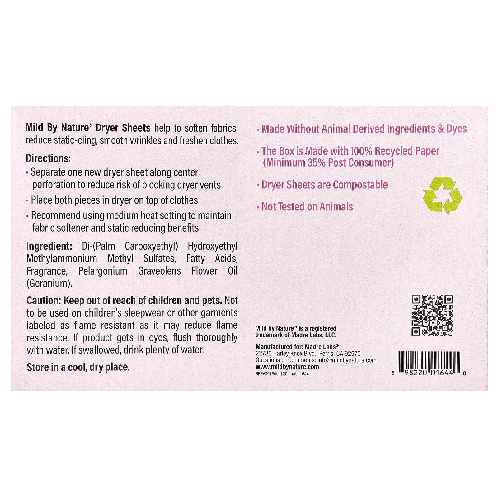 Mild By Nature, антистатические салфетки, с ароматом герани, 120 шт.