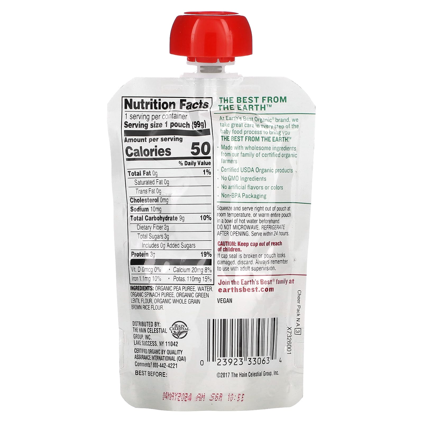 Earth's Best, органическое овощное и протеиновое пюре, для детей от 6 месяцев, шпинат и чечевица и коричневый рис, 99 г (3,5 унции)