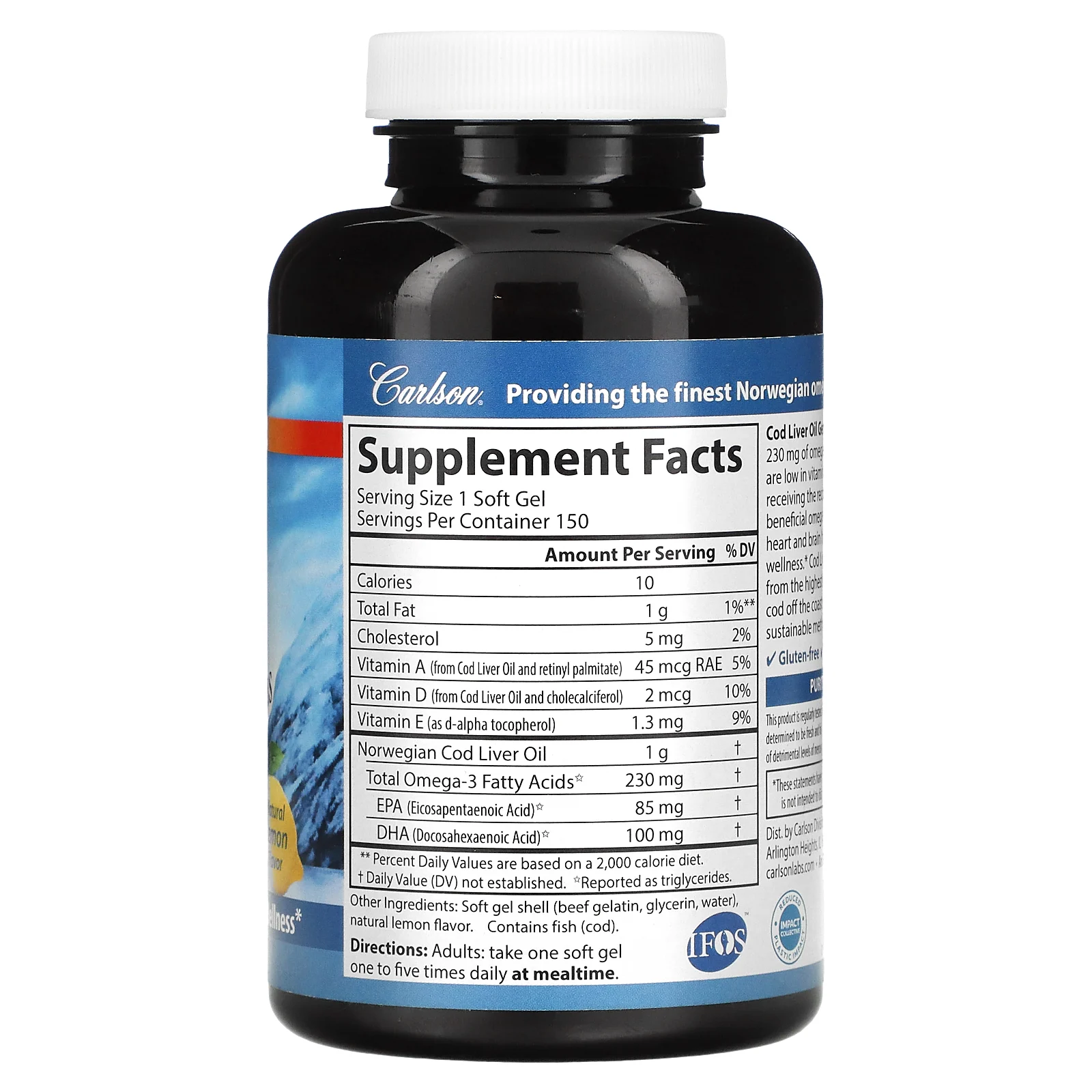 Carlson, Wild Norwegian, масло печени трески с драгоценными камнями, с низким содержанием витамина А, натуральный лимонный вкус, 230 мг, 150 мягких таблеток