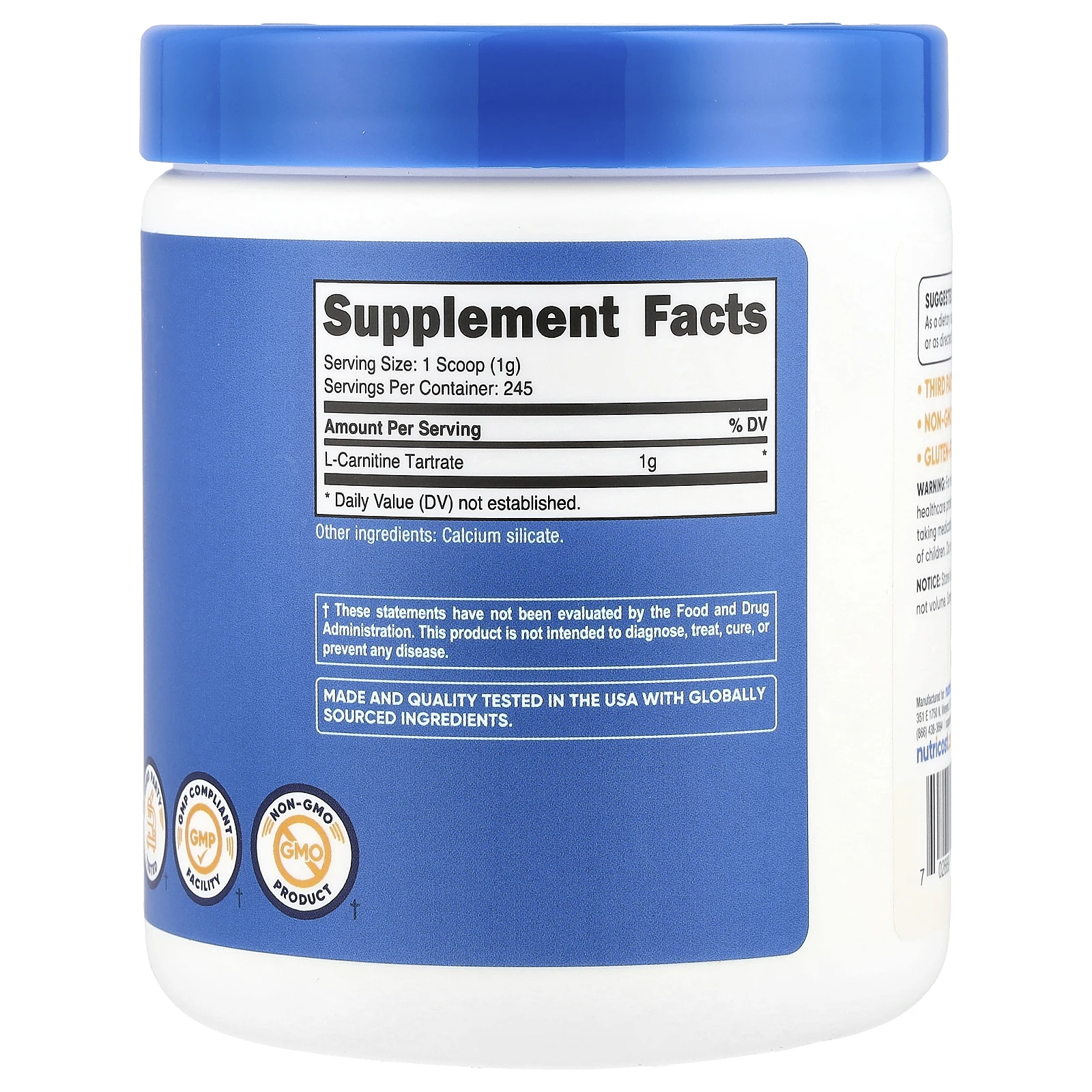 Nutricost, L-карнитин тартрат, без добавок, 250 г (8,8 унции)