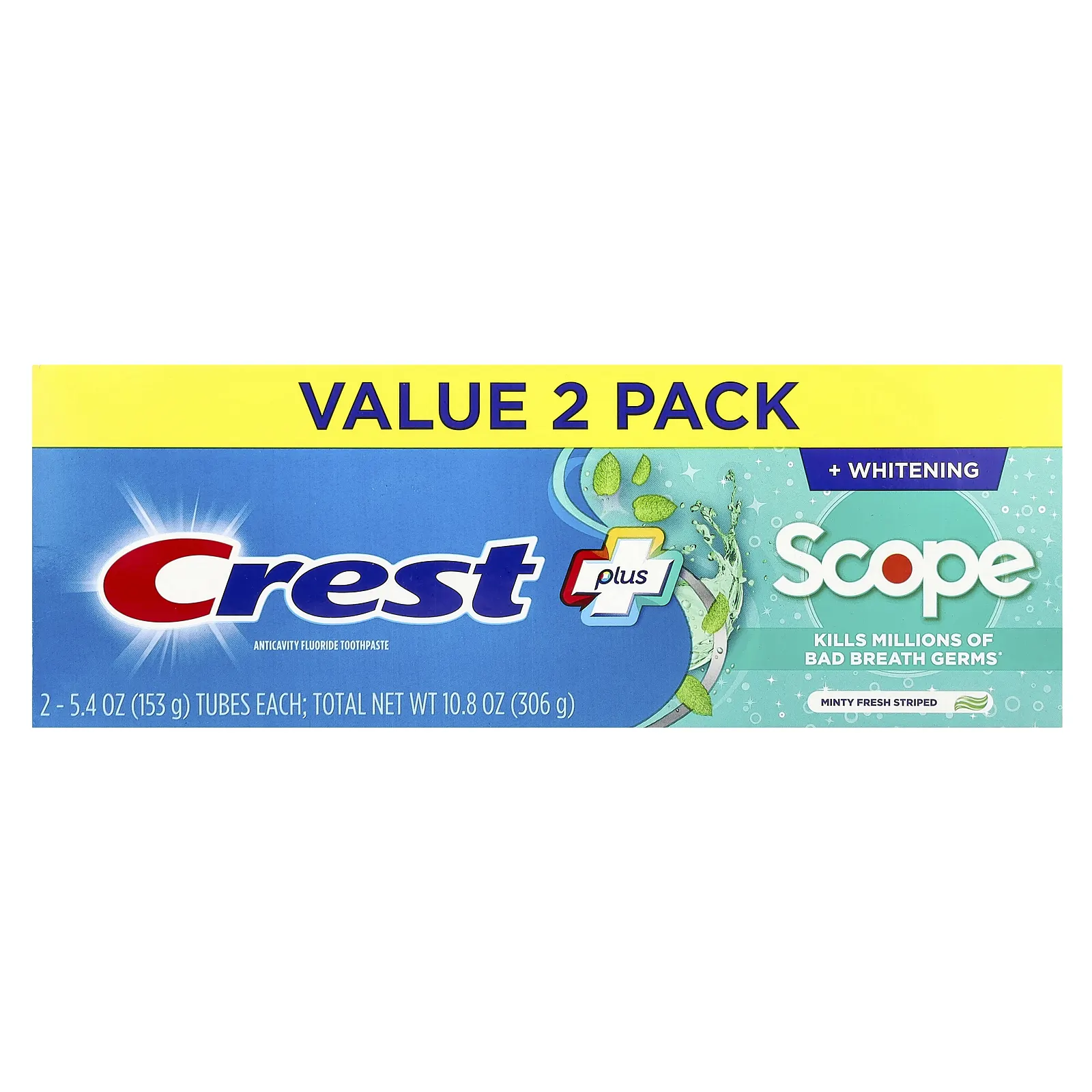 Crest, Complete Plus Scope, отбеливающая зубная паста, со свежей мятой в полоску, 2 шт. В упаковке, 153 г (5,4 унции)