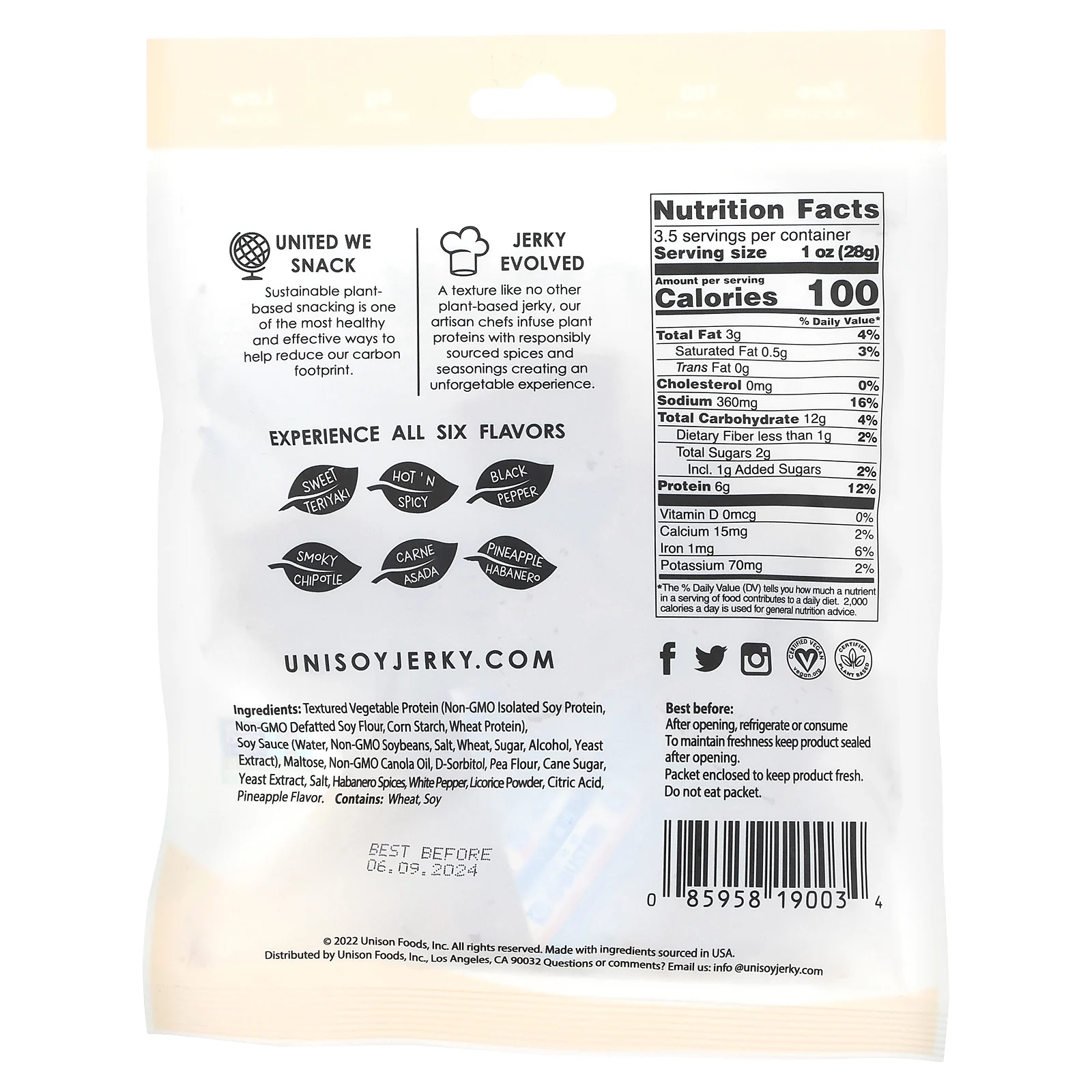 Unisoy, Растительное вяленое мясо, ананас и хабанеро, 100 г (3,5 унции)