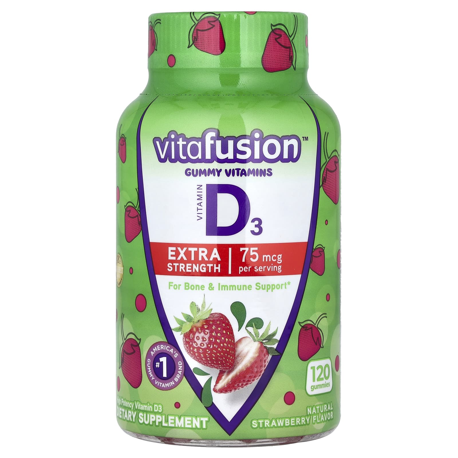 VitaFusion, D3, повышенная сила действия, для поддержки костей и иммунитета, натуральный клубничный вкус, 3000 МЕ, 120 жевательных таблеток (1500 МЕ в 1 жевательной таблетке)