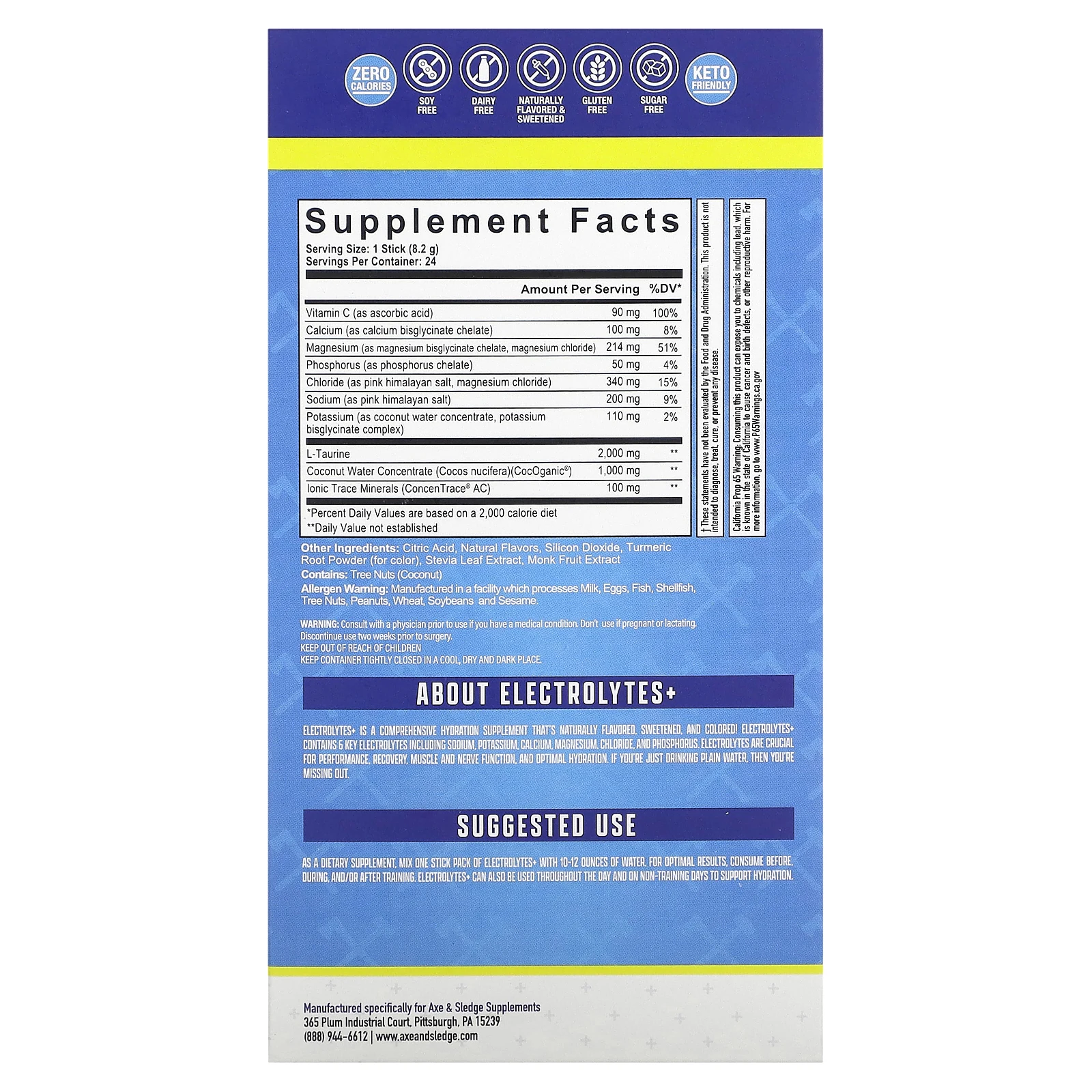 Axe & Sledge Supplements, Electrolytes+, лимон и лайм, 24 пакетика по 8,2 г (0,29 унции)