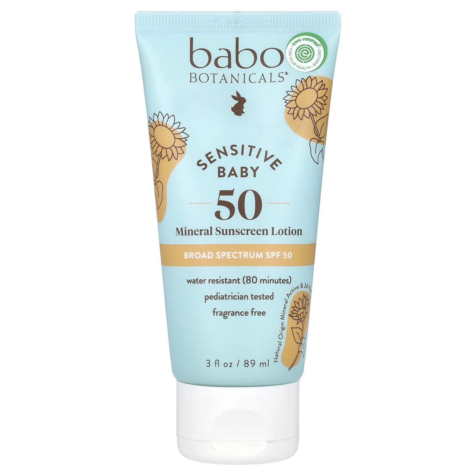 Babo Botanicals, Для детской кожи, солнцезащитный лосьон на минеральной основе, SPF 50, 89 мл