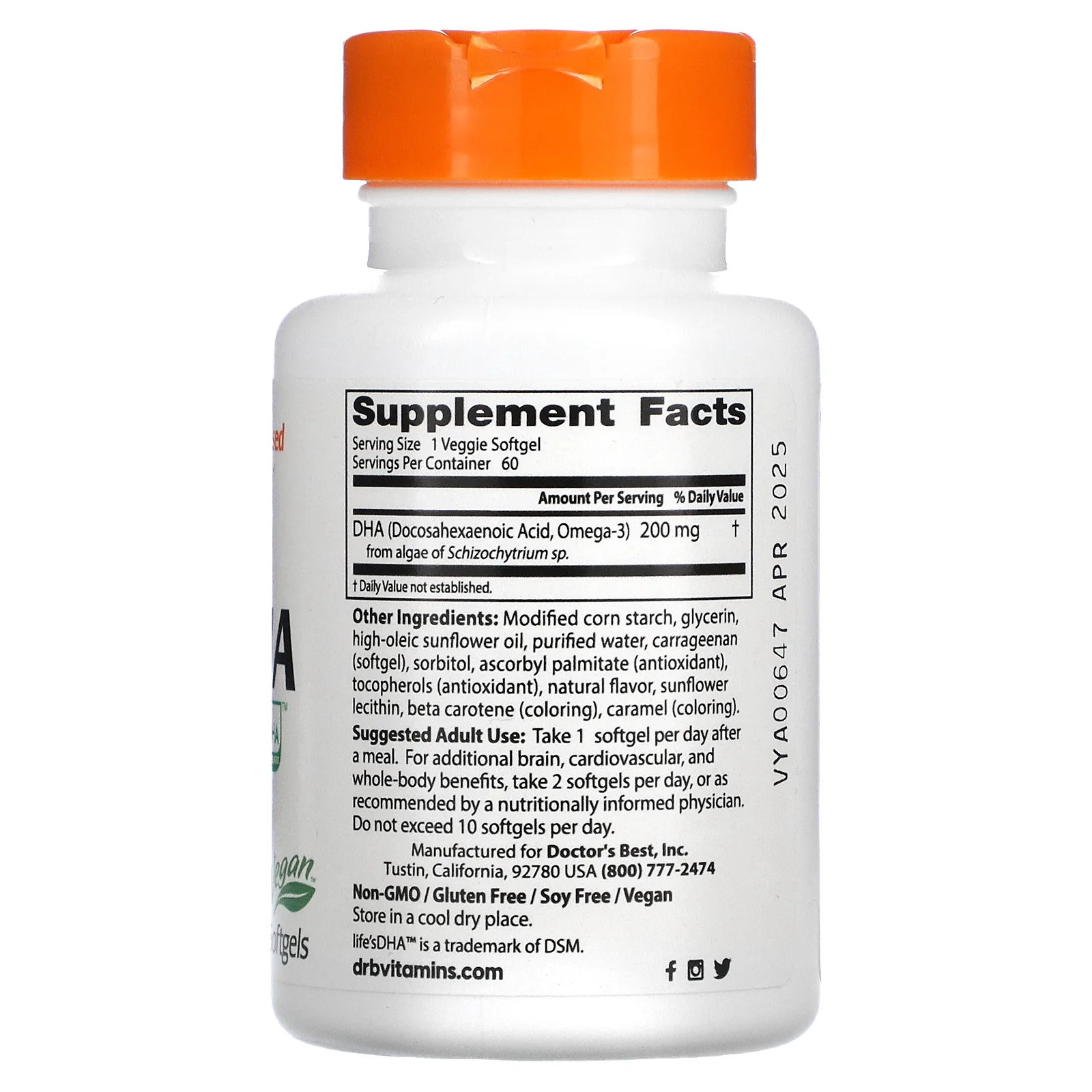 Doctor's Best, Life's DHA, веганская ДГК из водорослей, 200 мг, 60 растительных капсул