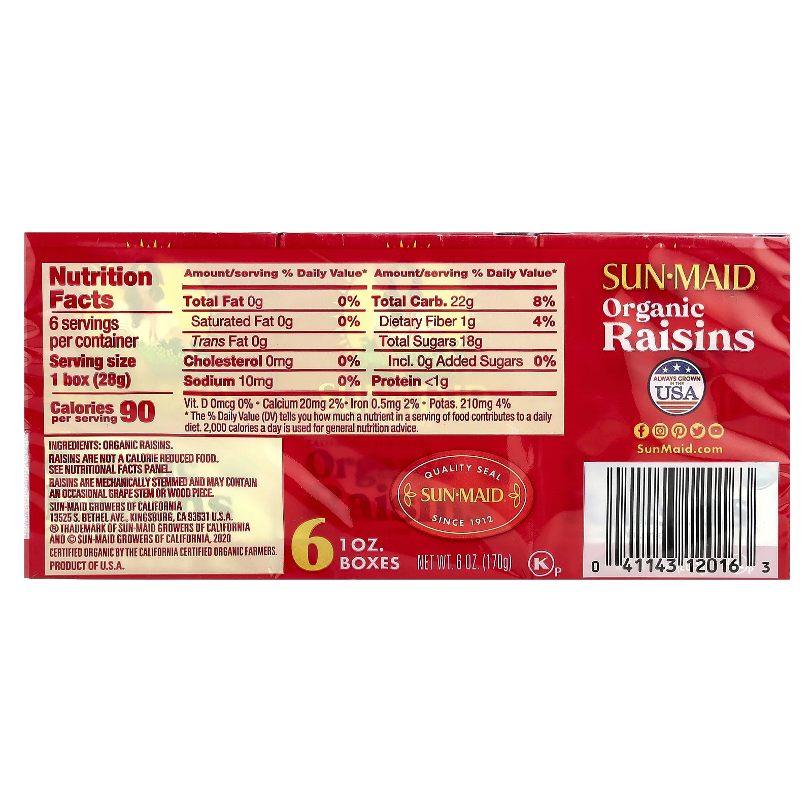 Sun-Maid, Органический калифорнийский сушеный на солнце изюм, 6 коробок по 28,3 г (1 унция)