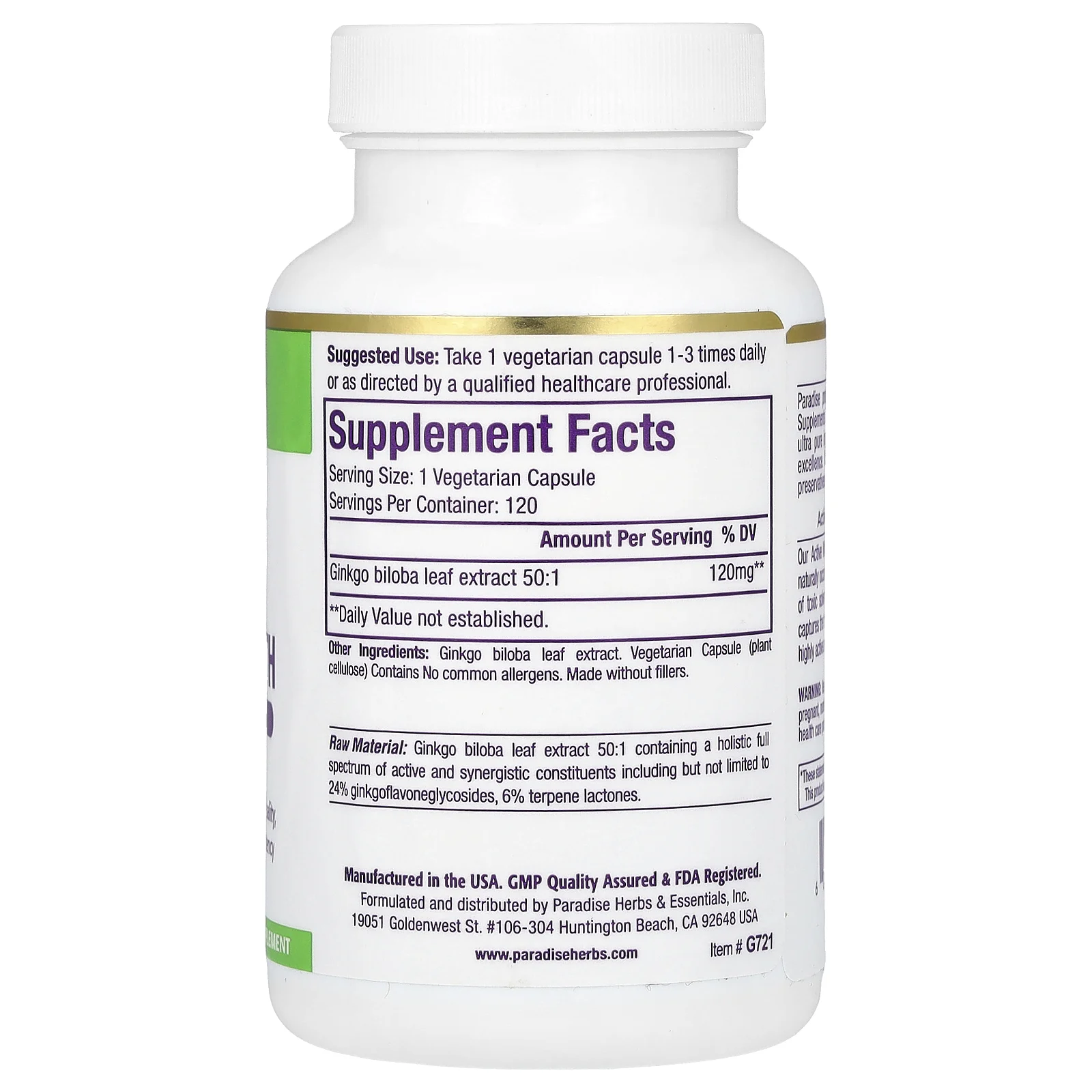 Paradise Herbs, гинкго, повышенная сила действия, 120 мг, 120 вегетарианских капсул