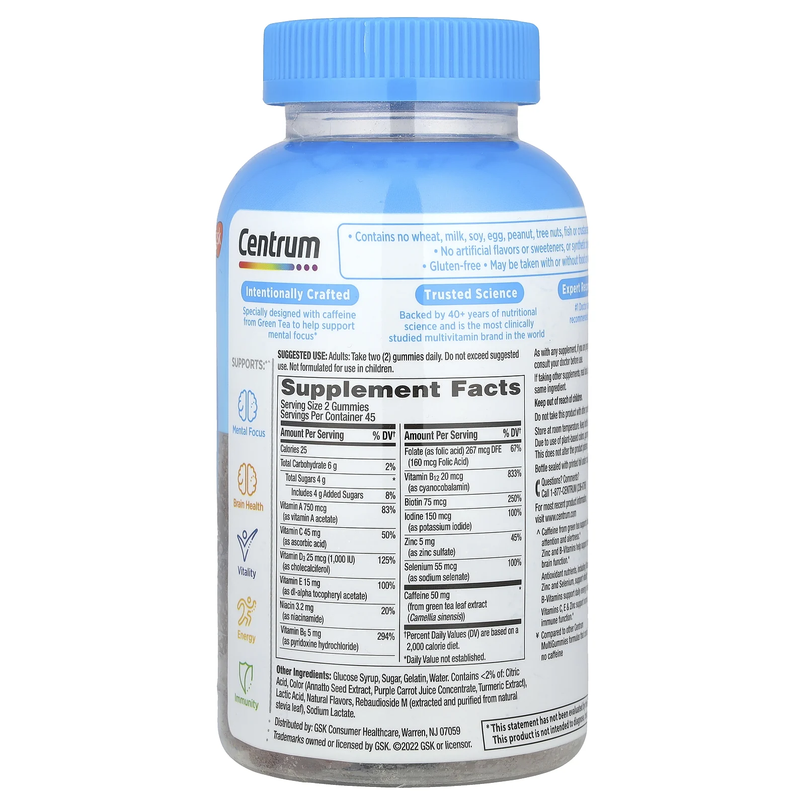 Centrum, Мультивитамины двойного действия и мультивитамины для умственной фокусировки, натуральный апельсин и лимон, 90 жевательных таблеток