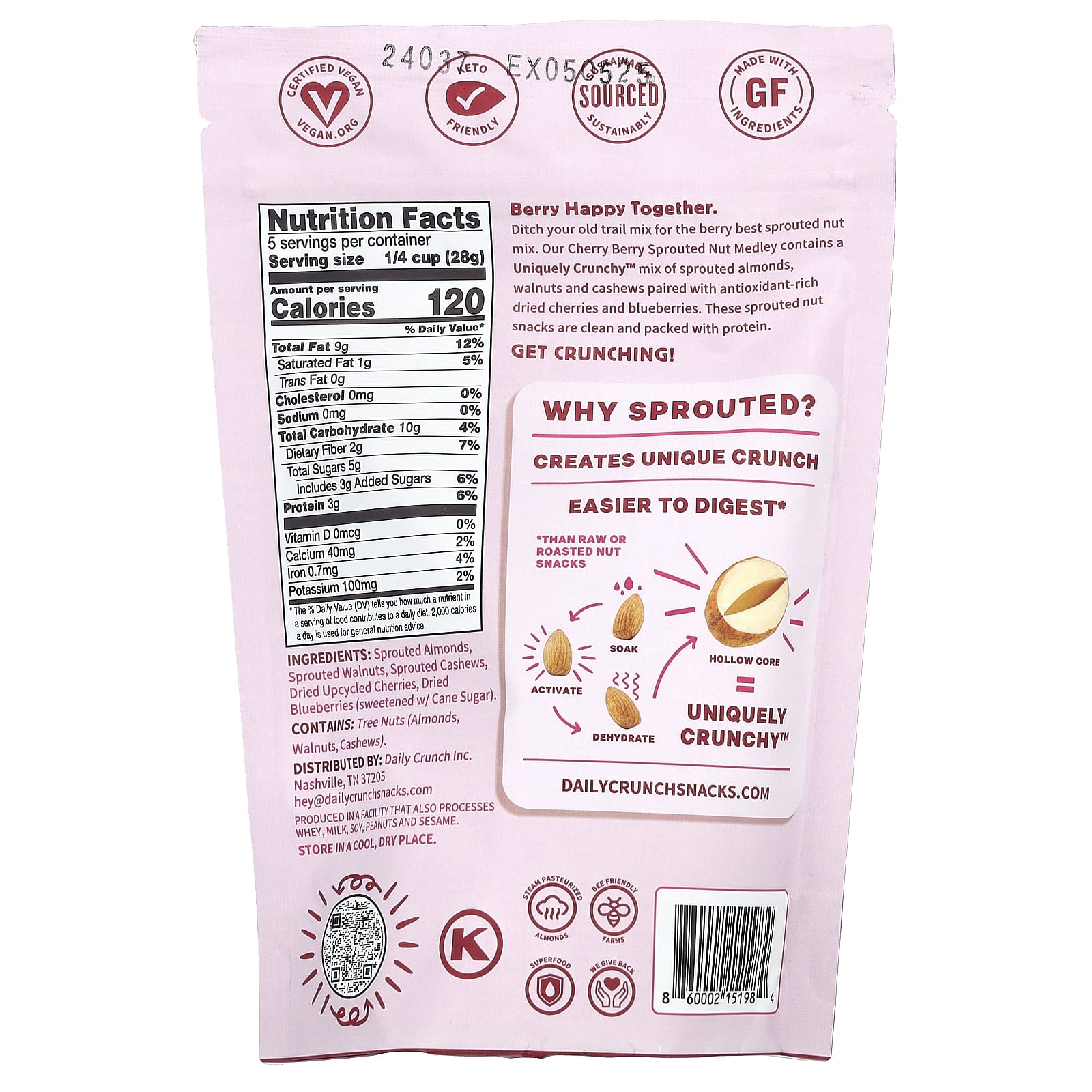 Daily Crunch, Смесь пророщенных орехов, вишня, 141 г (5 унций)