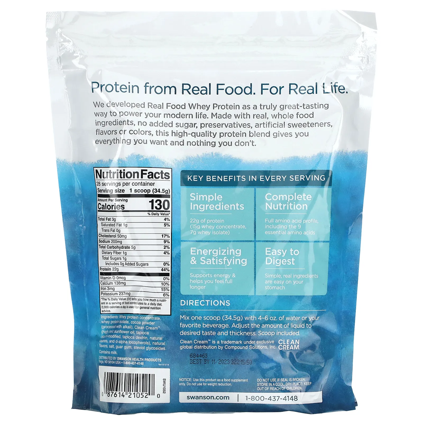 Swanson, Real Food Whey Protein, шоколадное мороженое, 966 г (2,1 фунта)