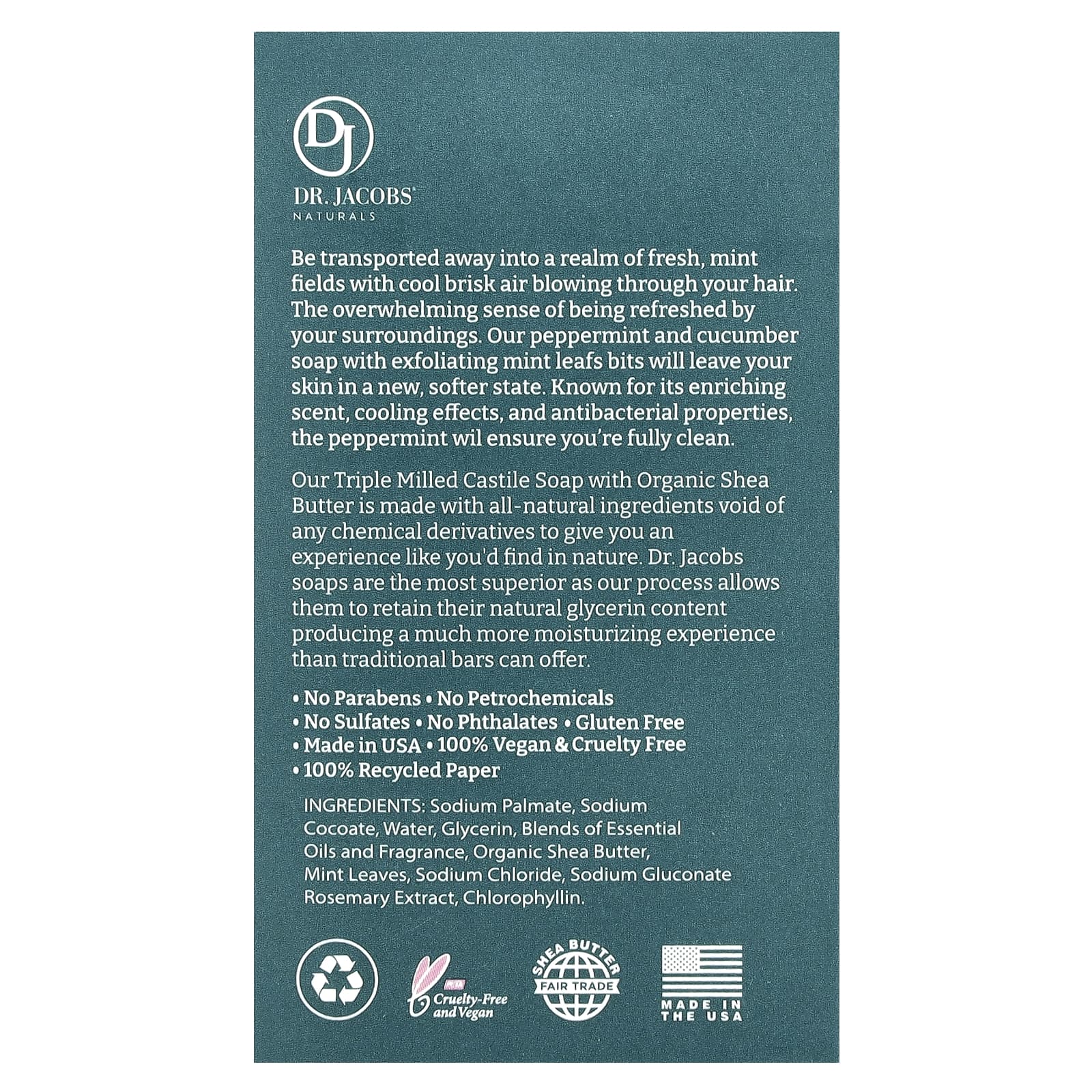 Dr. Jacobs Naturals, Отшелушивающее кастильское мыло с люфой, мохито с мятой и огурцом, 142 г (5 унций)