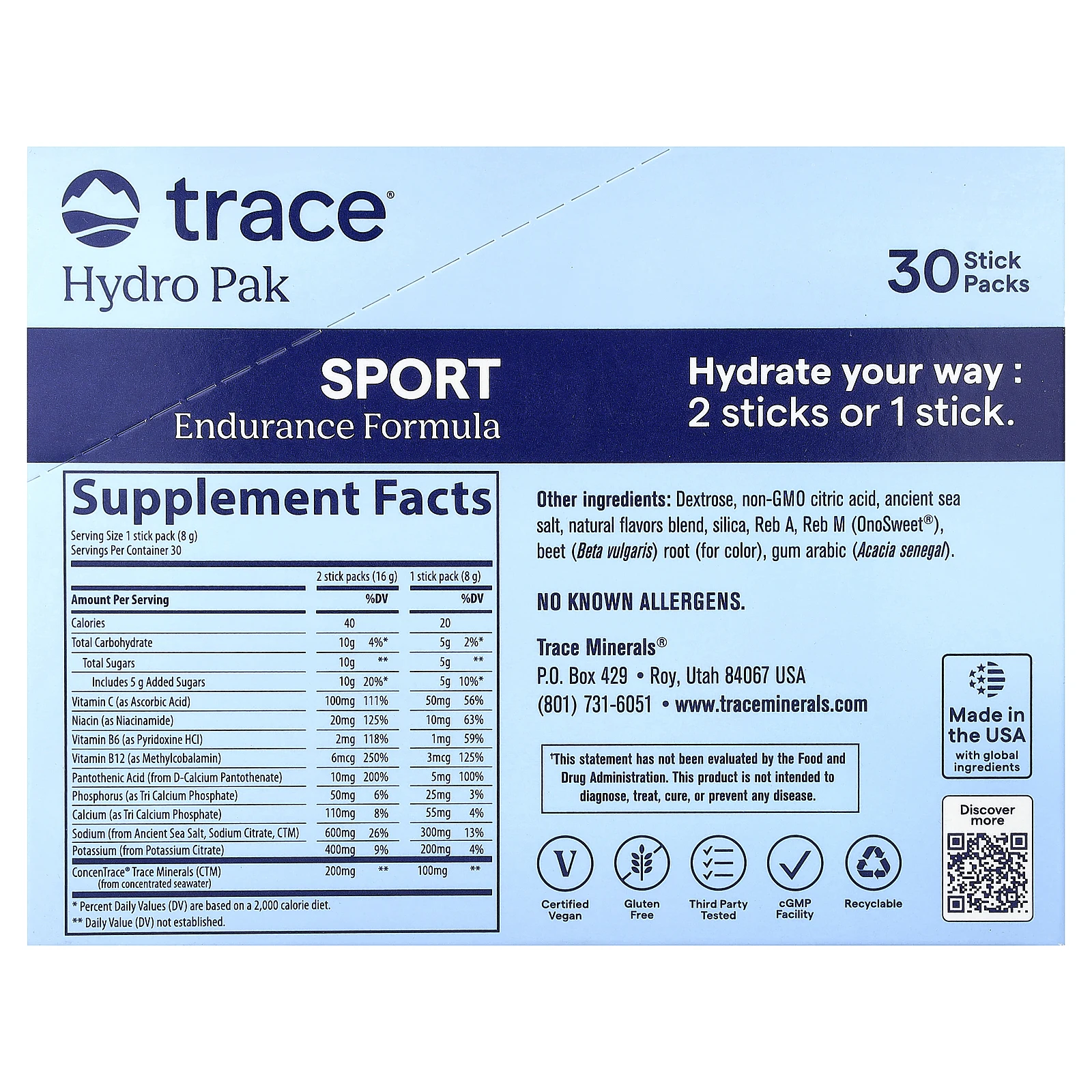 Trace, Hydro Pak Sport, Watermelon, 30 Stick Packs, 0.28 oz (8 g) Each