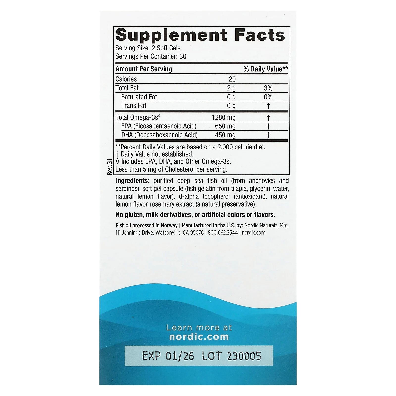 Nordic Naturals, Ultimate Omega, высокоэффективные омега-3 кислоты, со вкусом лимона, 1280 мг, 60 капсул из рыбьего желатина (640 мг в 1 капсуле)