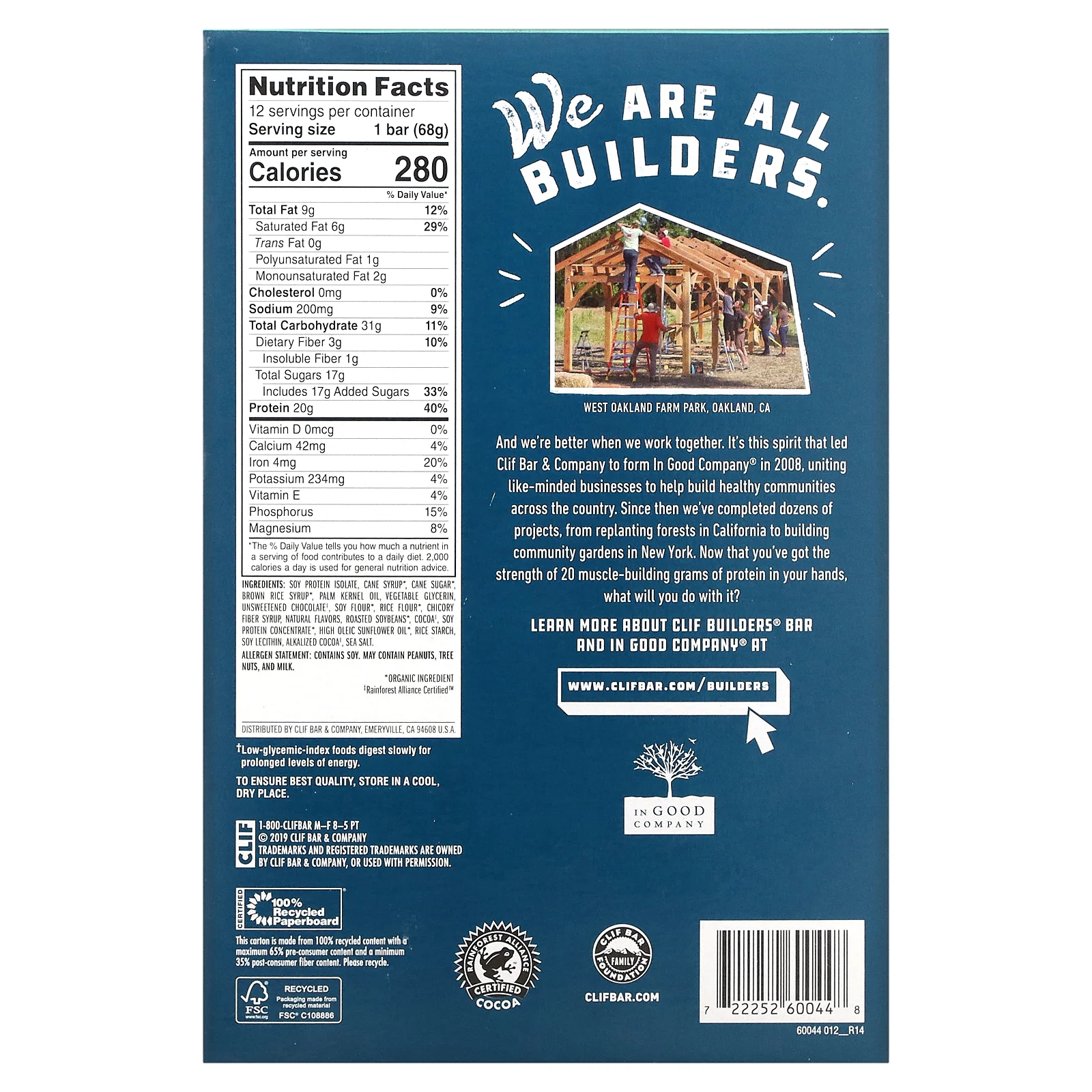 Clif Bar, Протеиновый батончик Builder's с шоколадом и мятой, 12 батончиков, весом 68 г (2,40 унции) каждый